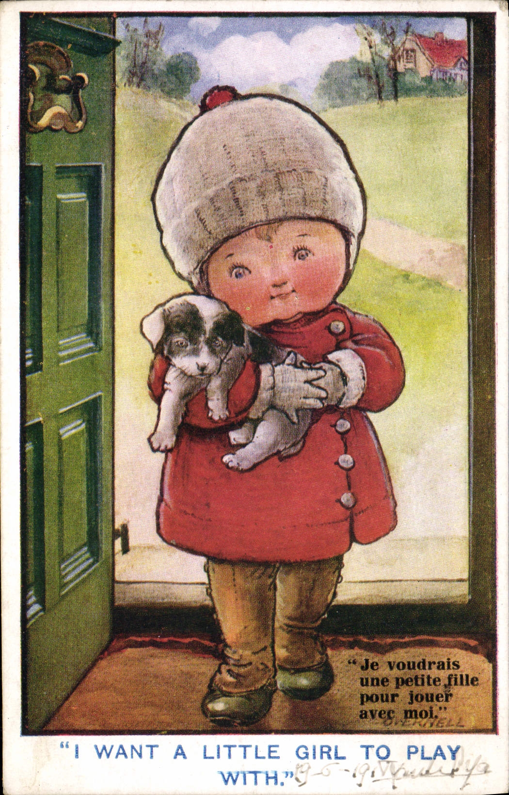 VINTAGE POSTCARD Illustrator Child Dog Pup