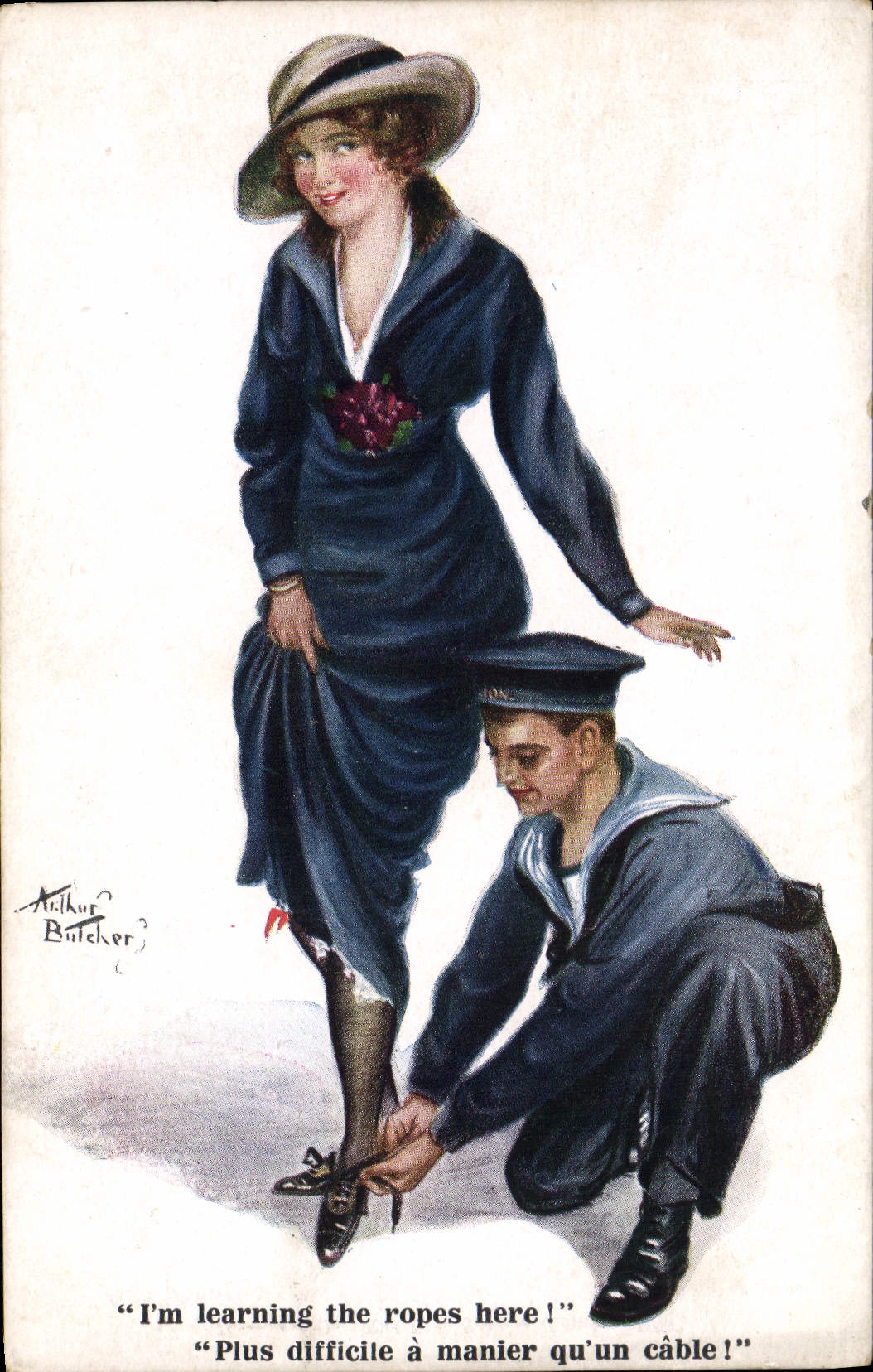 VINTAGE POSTCARD Illustrator Woman I' m learning the ropes Marine young stag Militaria