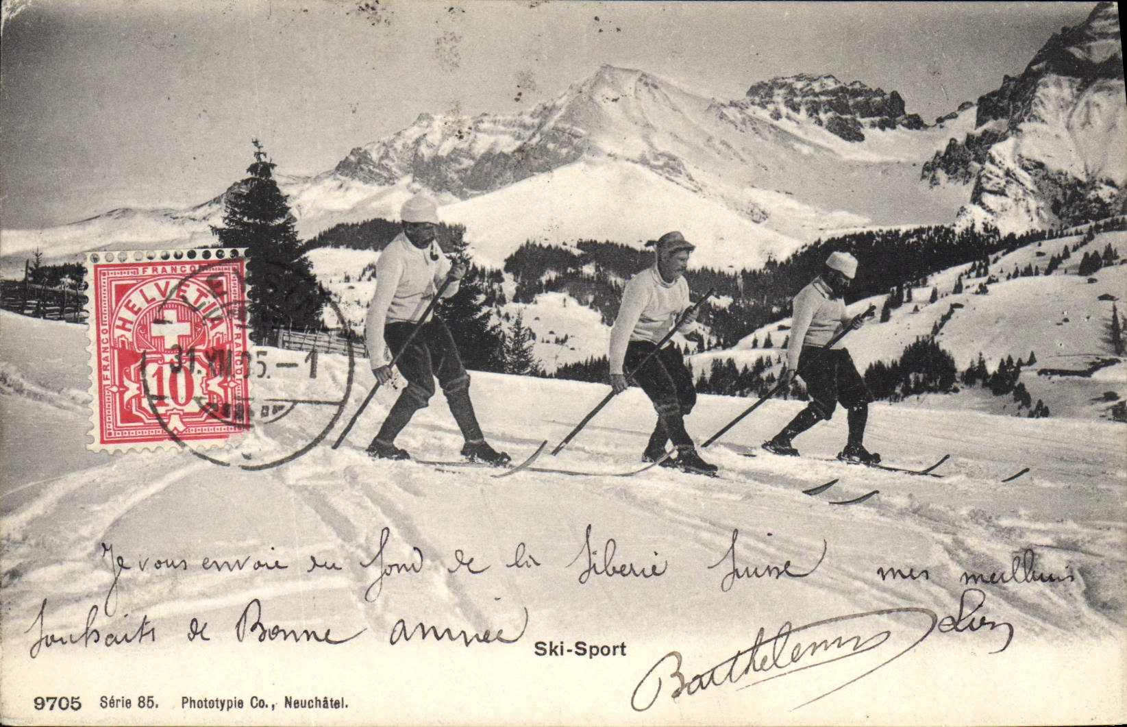 Deporte suizo del esquí de los deportes de invierno de la POSTAL de la VENDIMIA