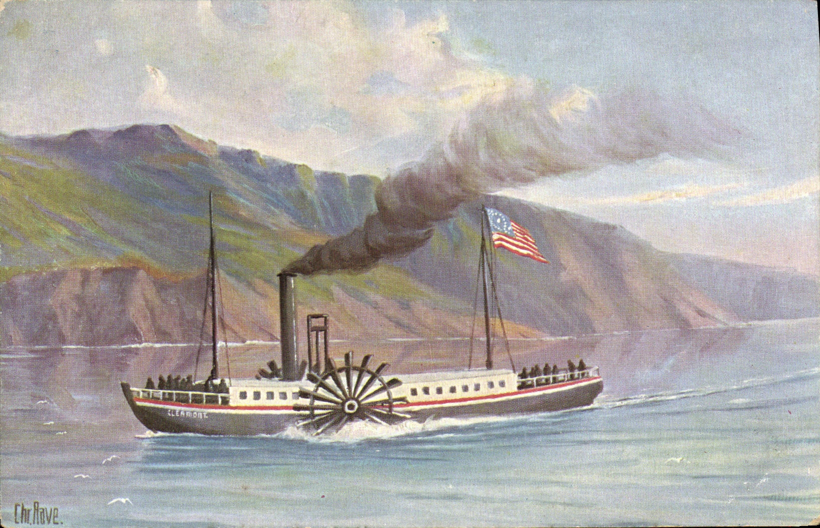 VINTAGE POSTCARD Boat Erster Raddampfer auf dem Hudson 1807