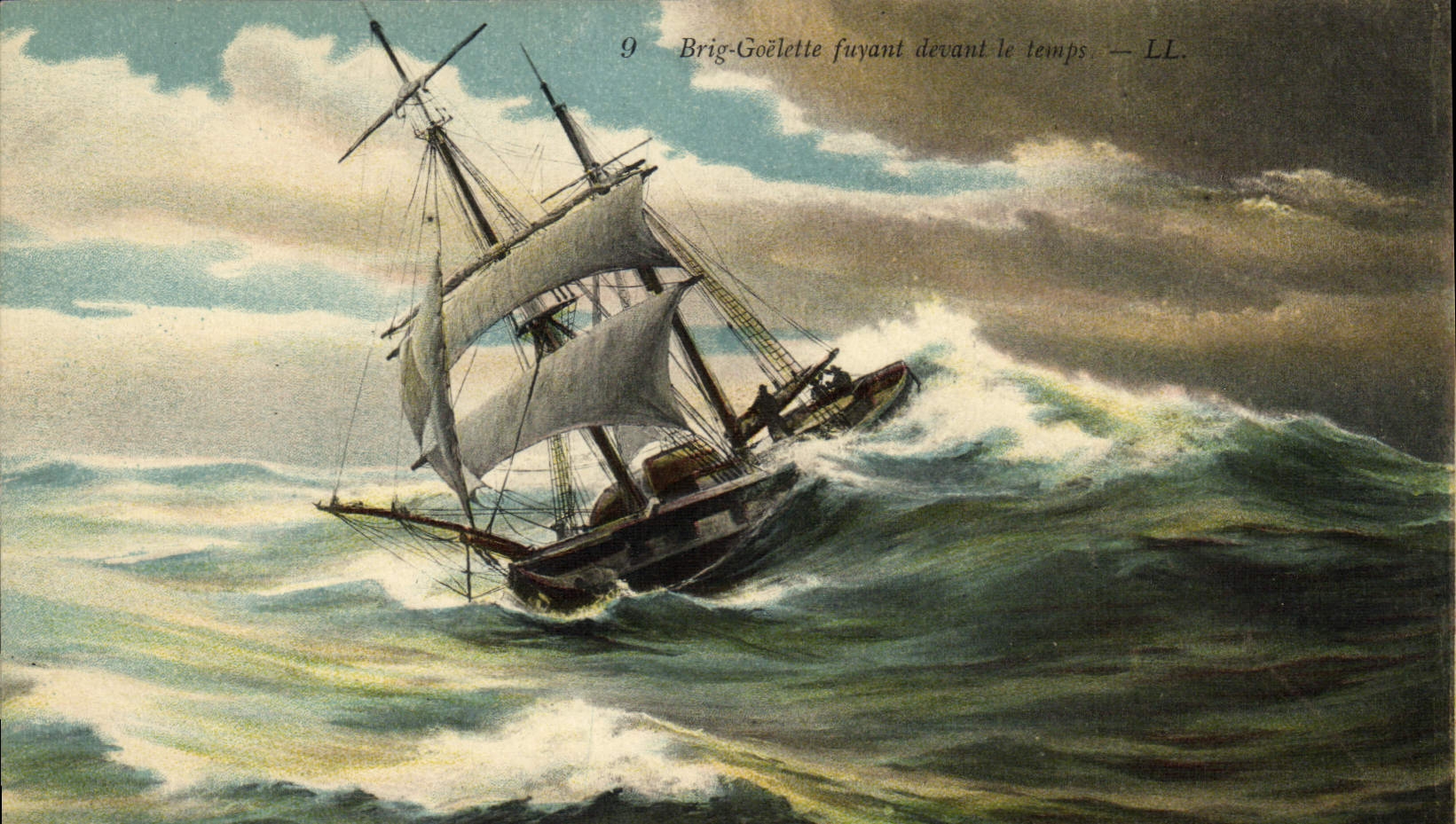 VINTAGE POSTCARD Sailing Boat reducing Brig goelette in front of time