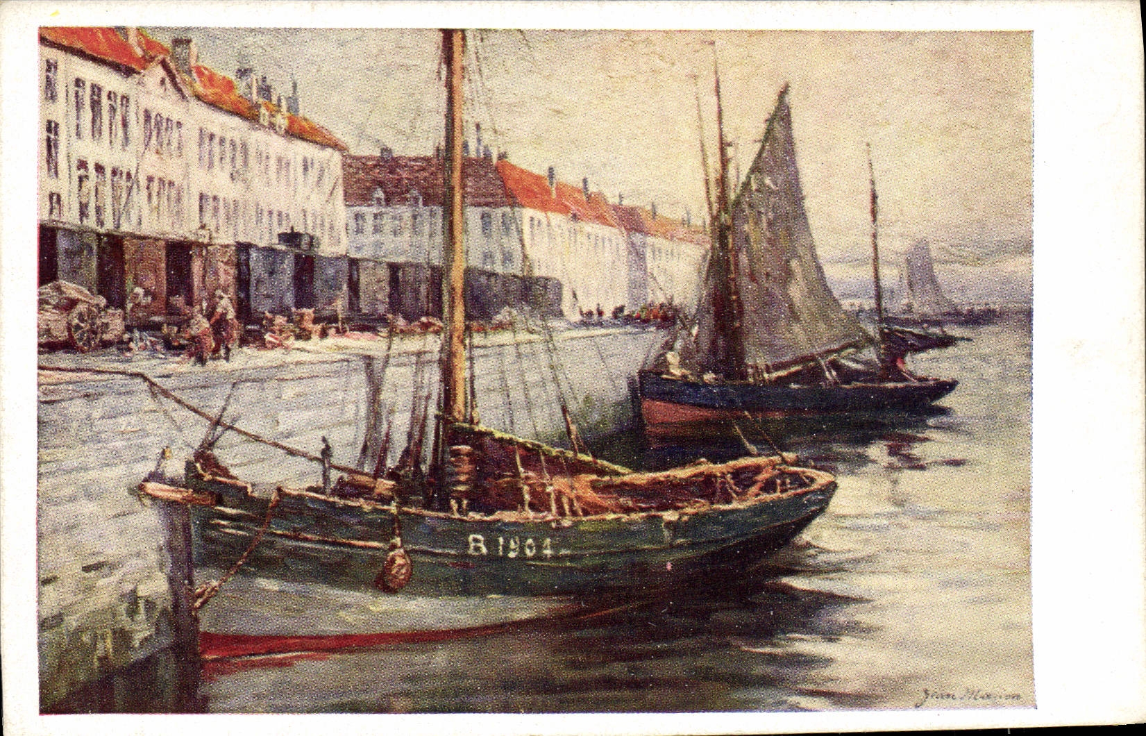 Descarga del barco de la POSTAL de la VENDIMIA de los pescados Jean Marion