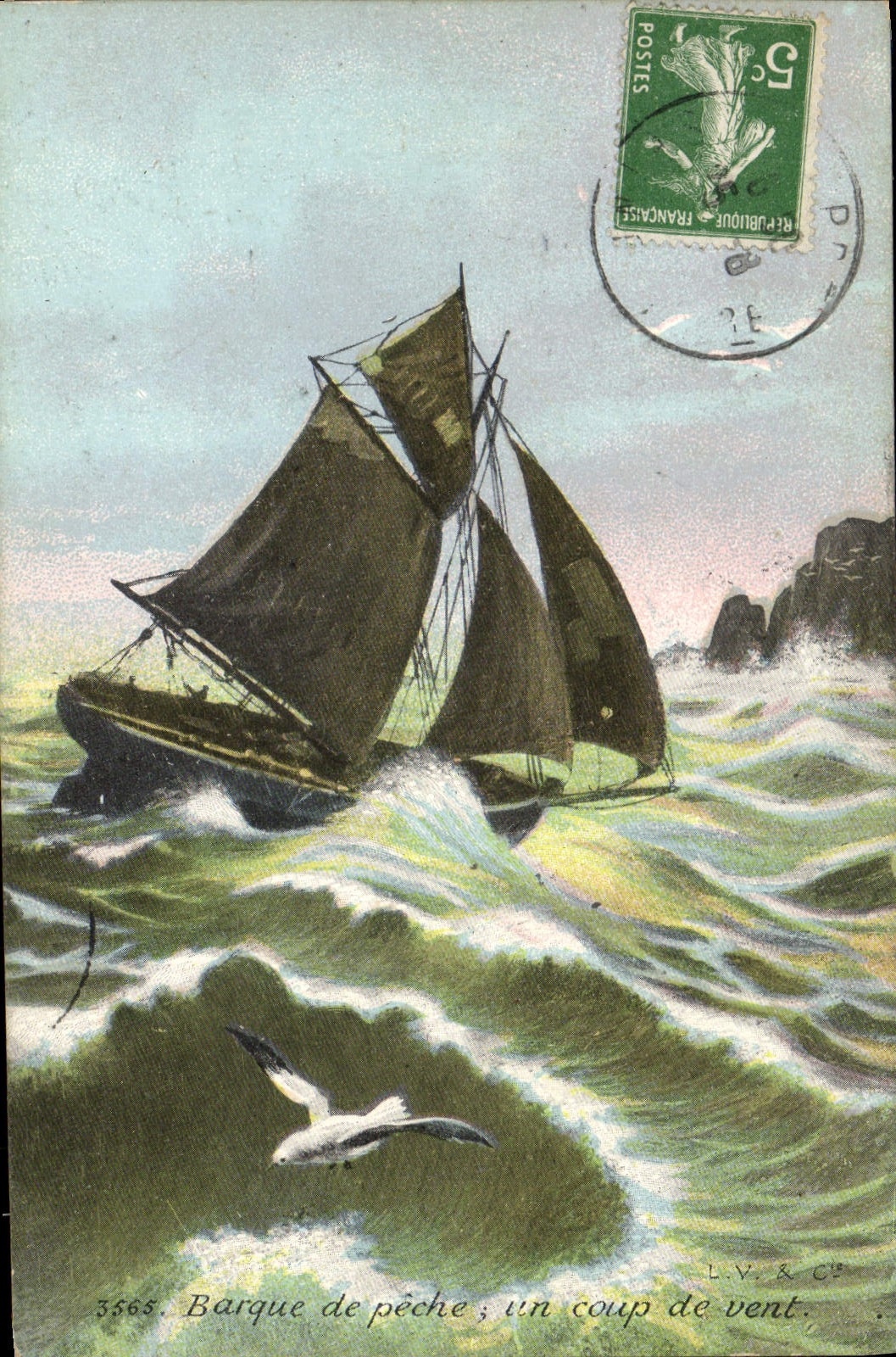 Barco del barco de navegación de la POSTAL de la VENDIMIA del pecado un vendaval fuerte