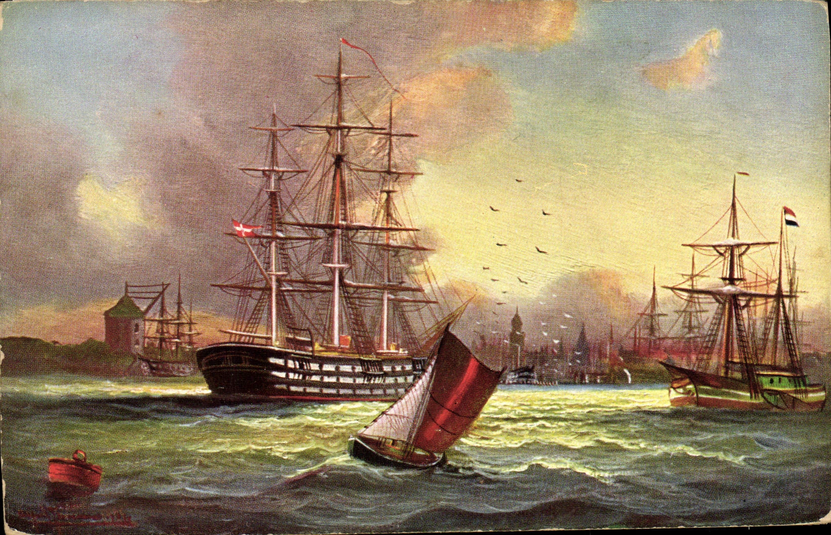 VINTAGE POSTCARD Sailing Boat Copenhagen Harbor