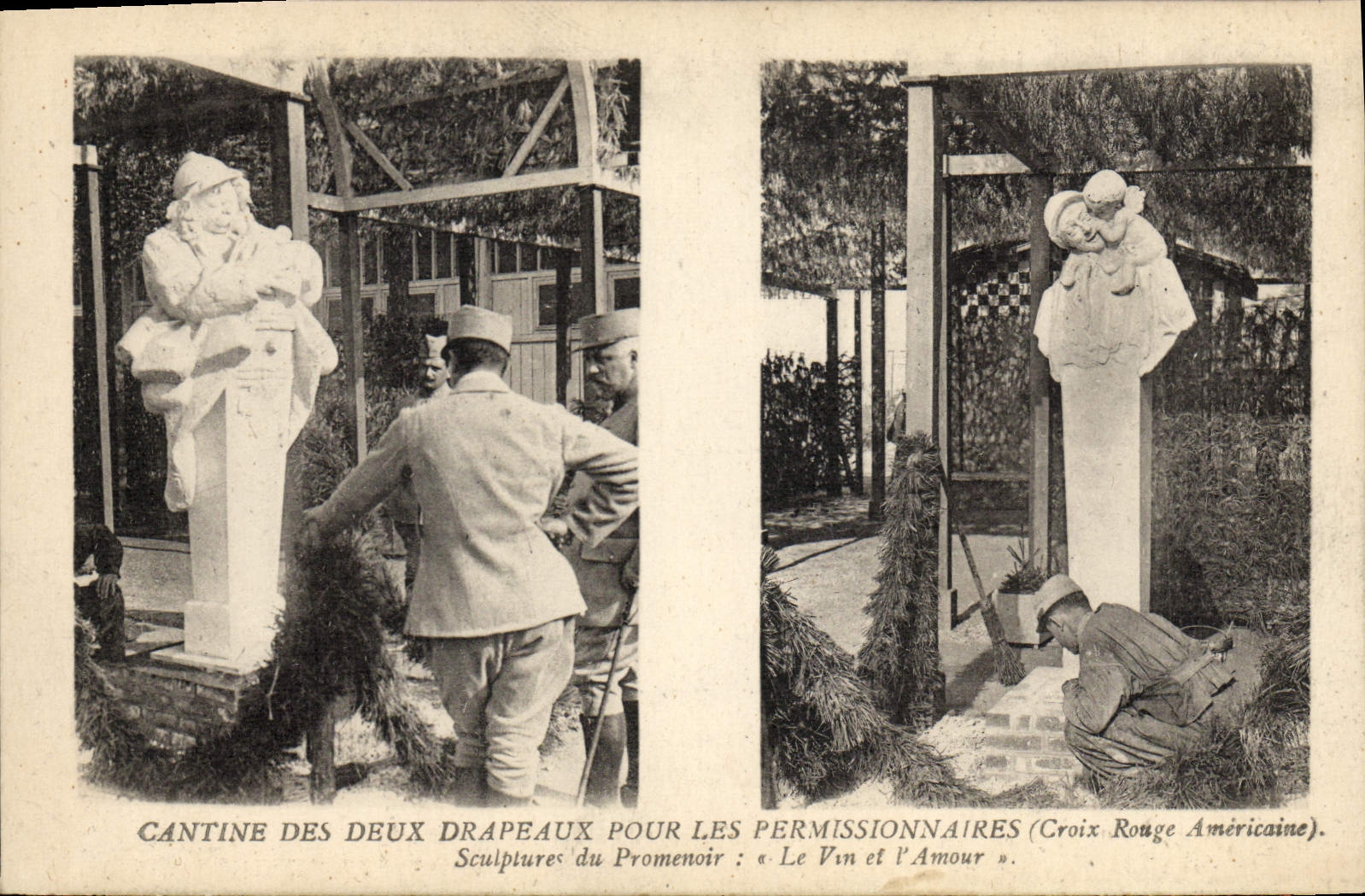VINTAGE POSTCARD Militaria Canteen of the two flags for the persons on leave American Red Cross Sculptures of the promenade