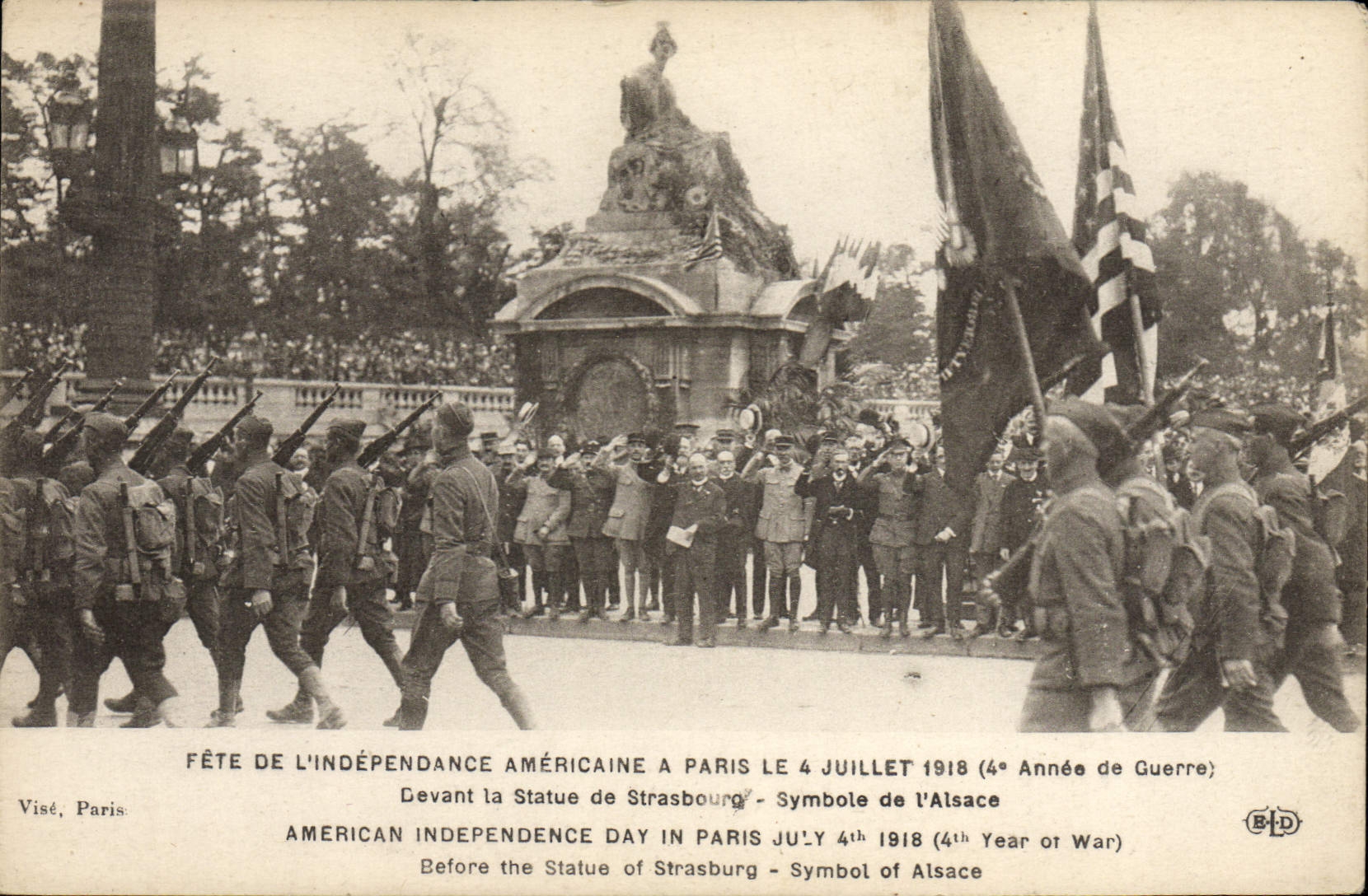 VINTAGE POSTCARD Militaria Fete American independence has Paris July 14th, 1919 In front of the statue of Strasbourg Symbole Alsace