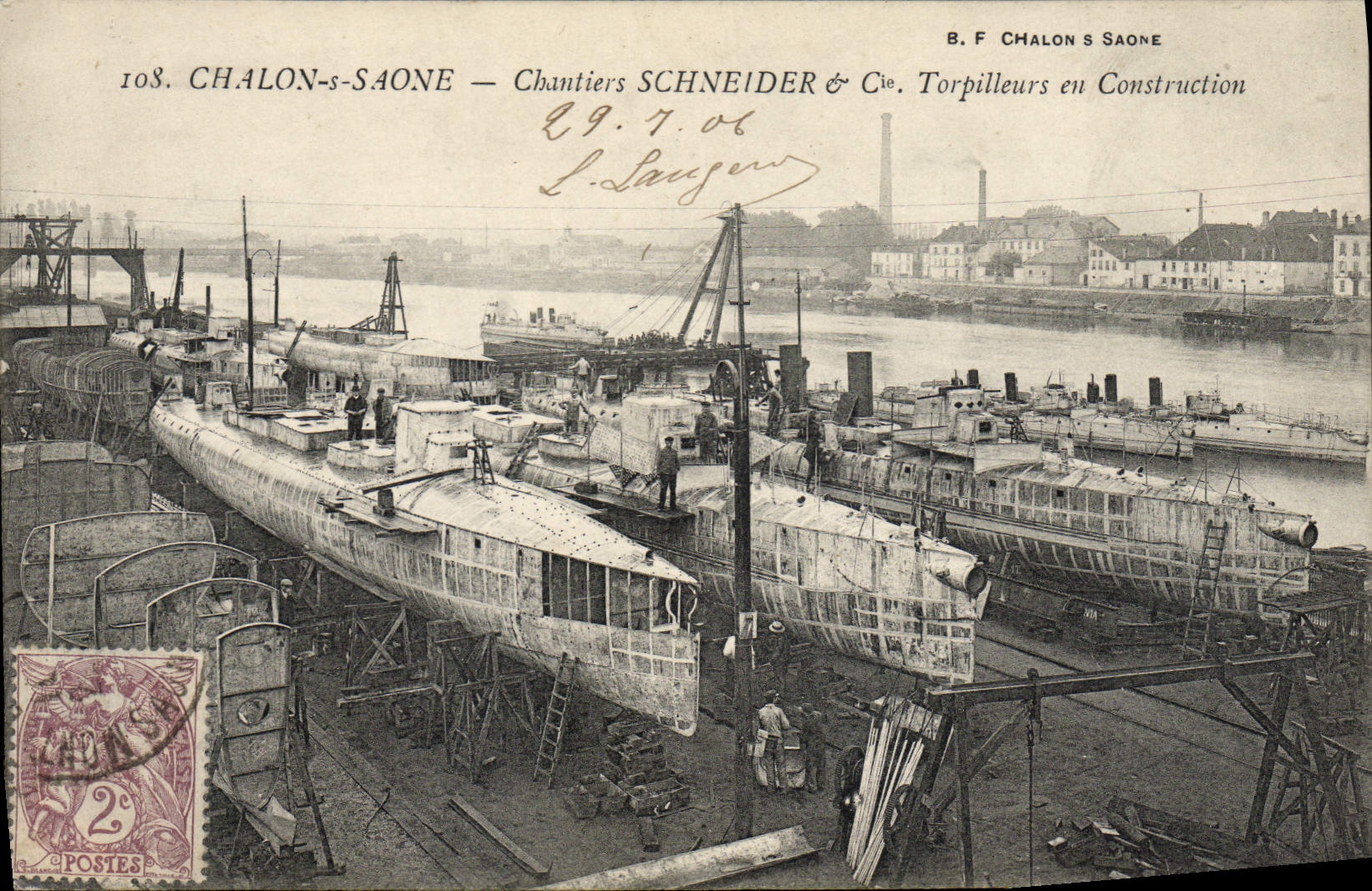 VINTAGE POSTCARD Boat War Trawl-net on the Saone Schneider Building sites & Co Destroyers in construction
