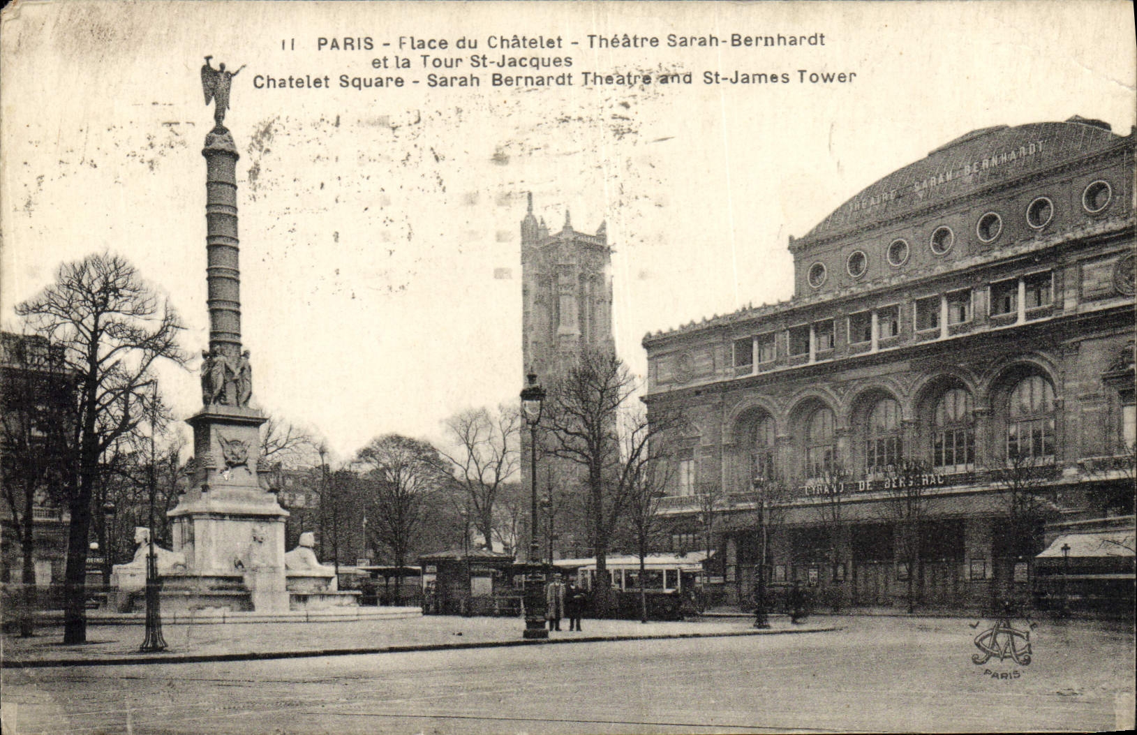 VINTAGE POSTCARD Paris the Place du Chatelet Theatre Sarah Bernhardt theater and turn St Jacques