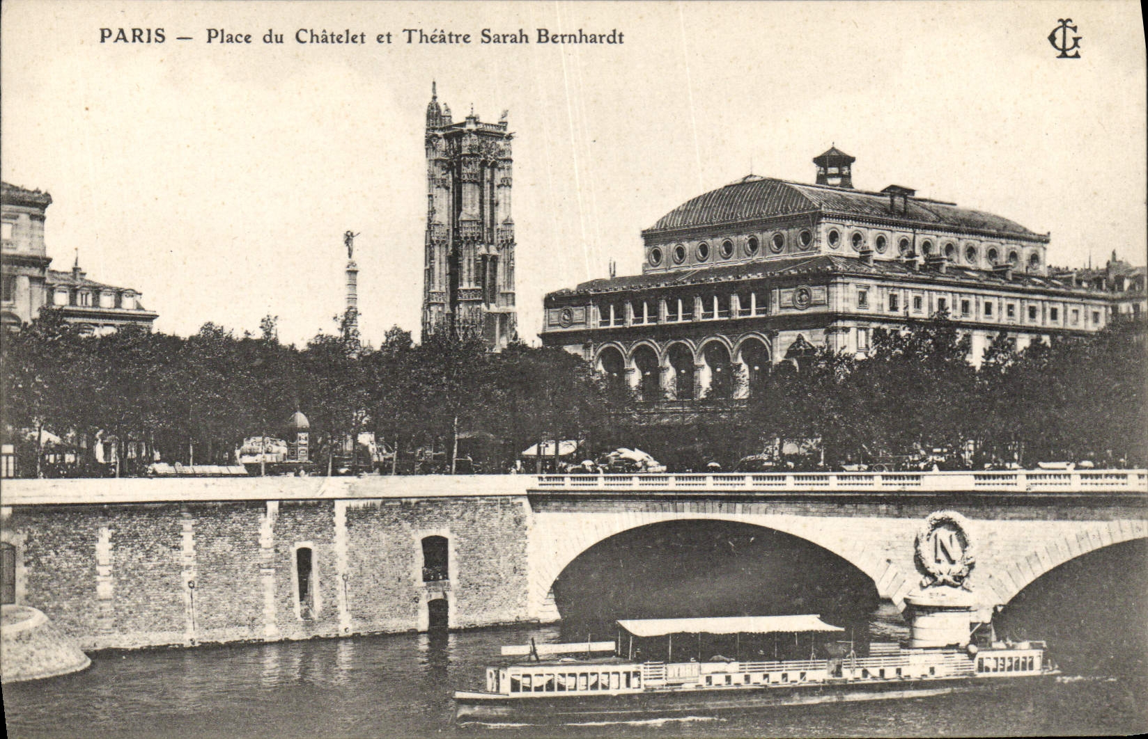 VINTAGE POSTCARD Paris Places of Chatelet and theater Sarah Bernhardt Bateau Barge