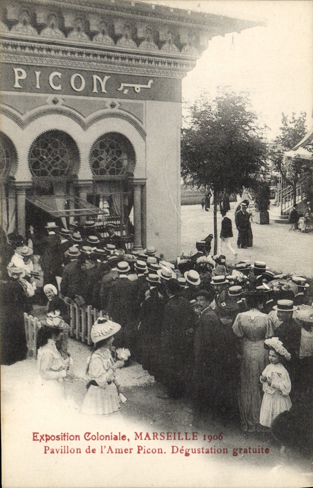 VINTAGE POSTCARD Marseilles Fair colonial 1906 House of the Land-mark Picon free Tasting
