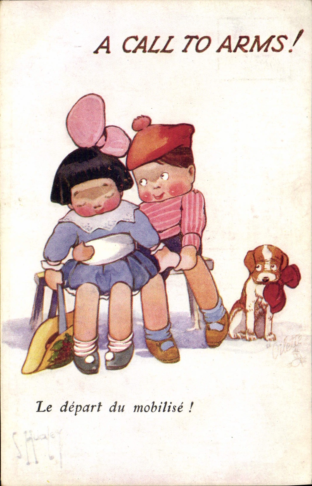 CPA Illustrateur Enfants Chien Le depart d'un mobilise Militaria