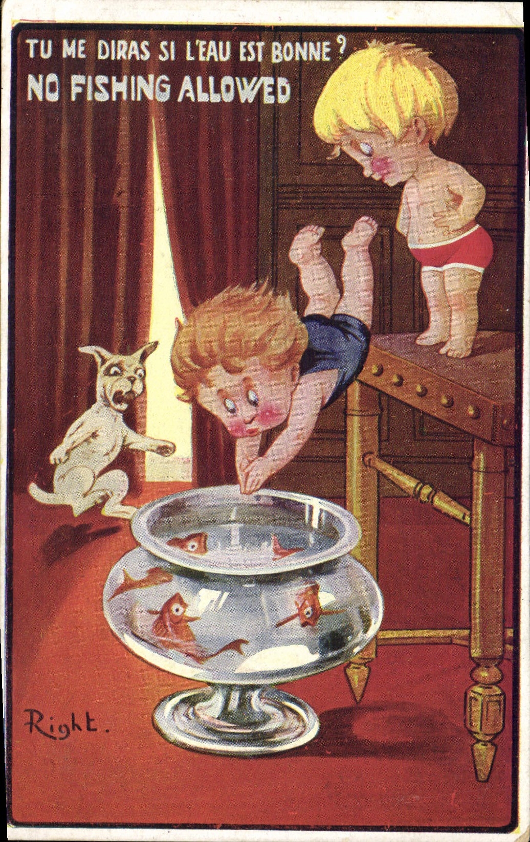 CPA Illustrateur Enfants Poisson rouge Right Chien 