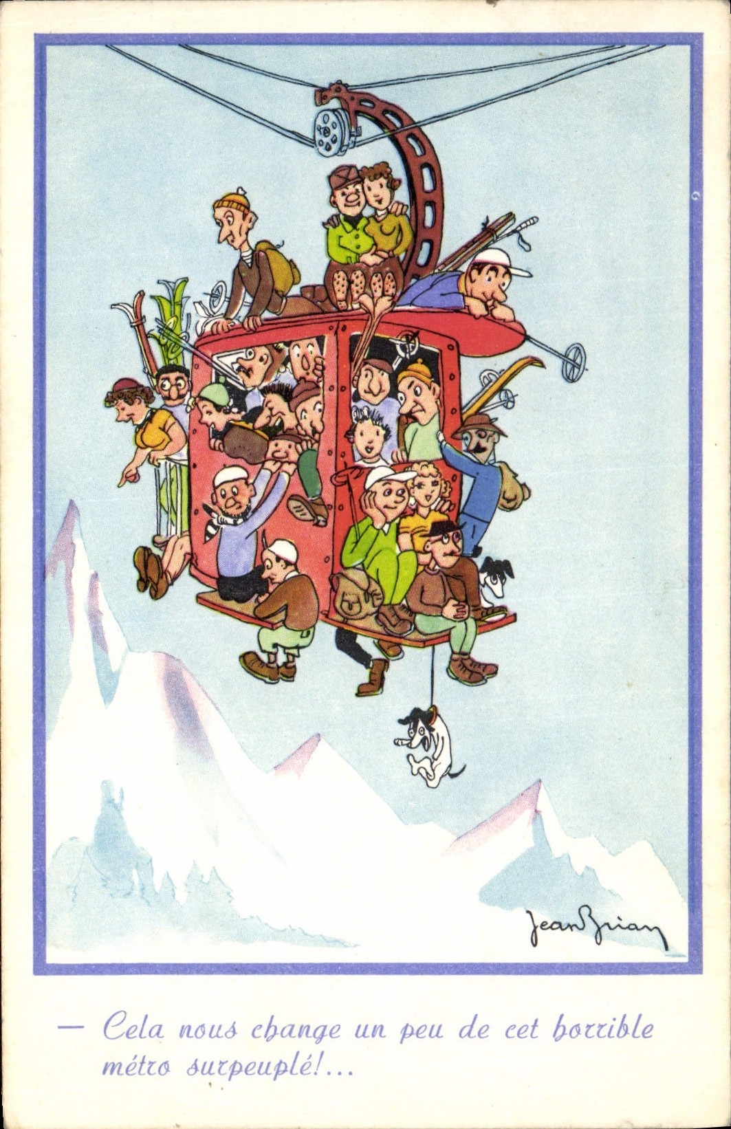 Ilustrador Jean Brian de la cabina del esquí de los deportes de invierno de la POSTAL de la VENDIMIA