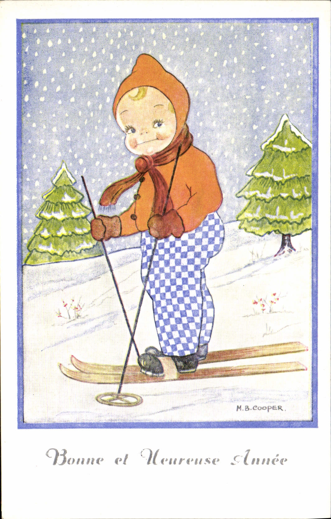 Ilustrador del fabricante de vinos del niño del esquí de los deportes de invierno de la POSTAL de la VENDIMIA