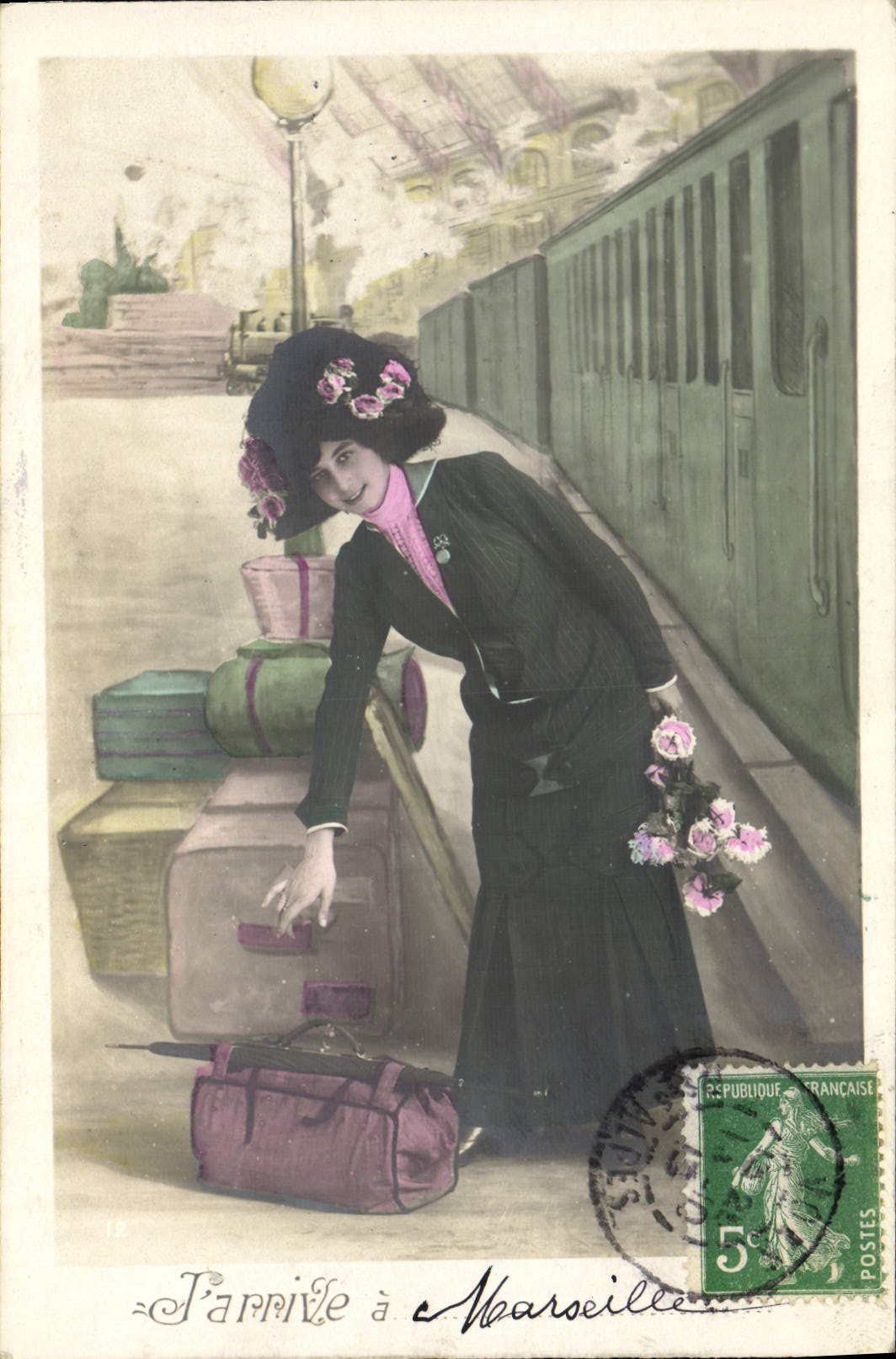 VINTAGE POSTCARD Train Engine Woman