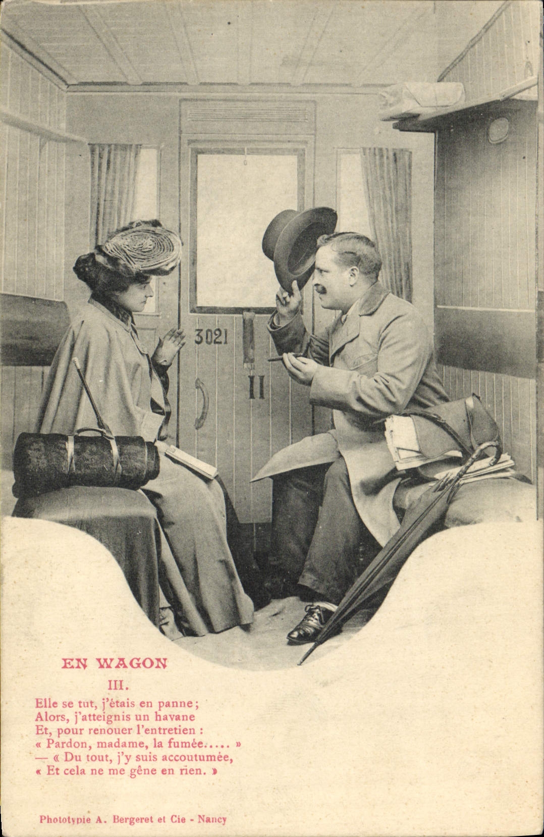 VINTAGE POSTCARD Train Engine Woman In the coach