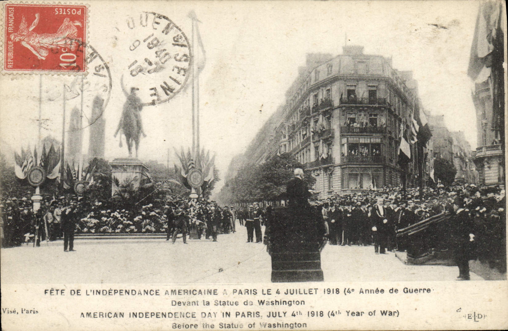 CPA Militaria Fete de l'independance americaine a Paris 4 juillet 1918 Devant la statue de Washington 