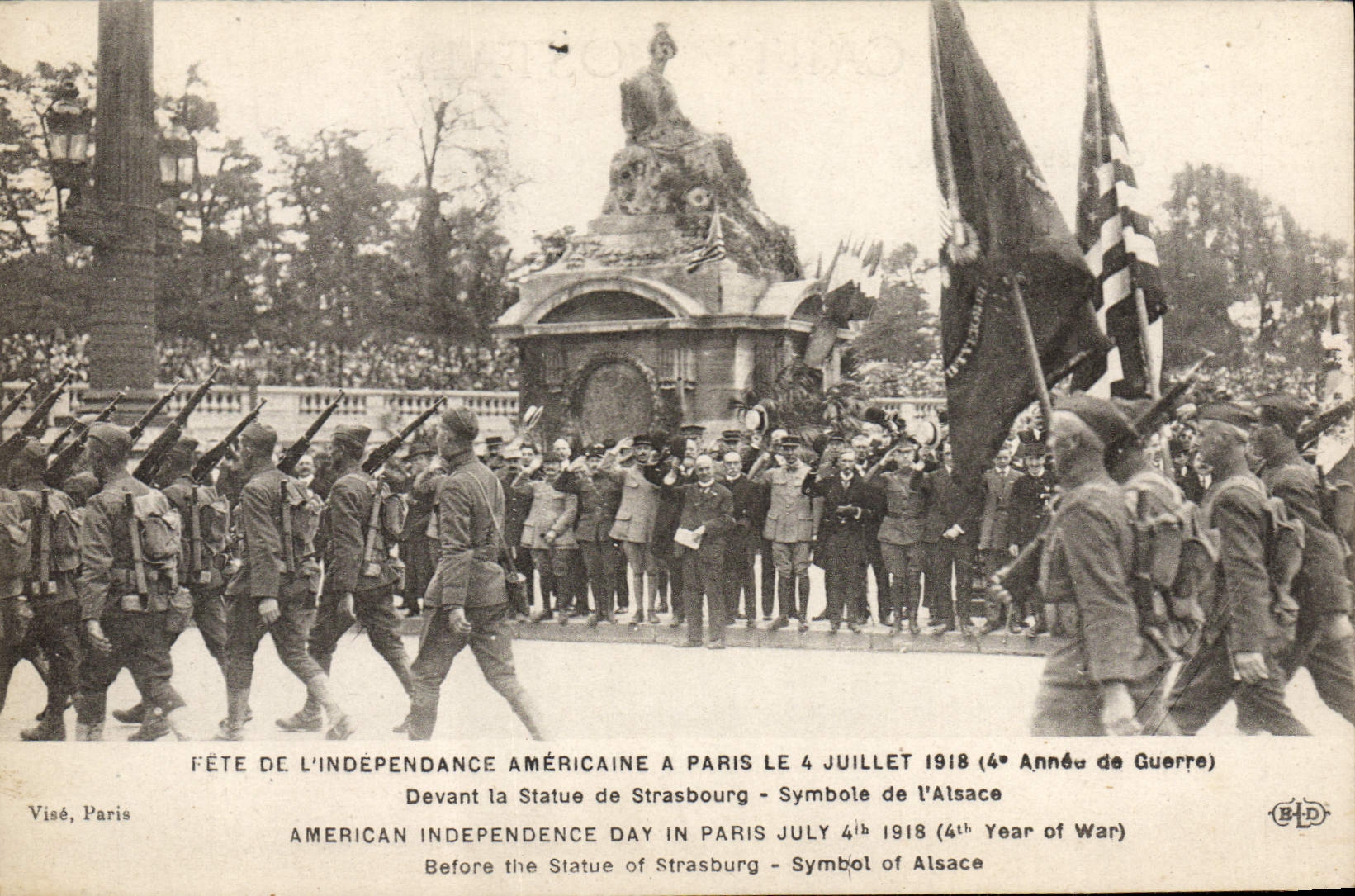 VINTAGE POSTCARD Militaria Fete American independence has Paris Statue July 4th, 1918 of Strasbourg Alsace