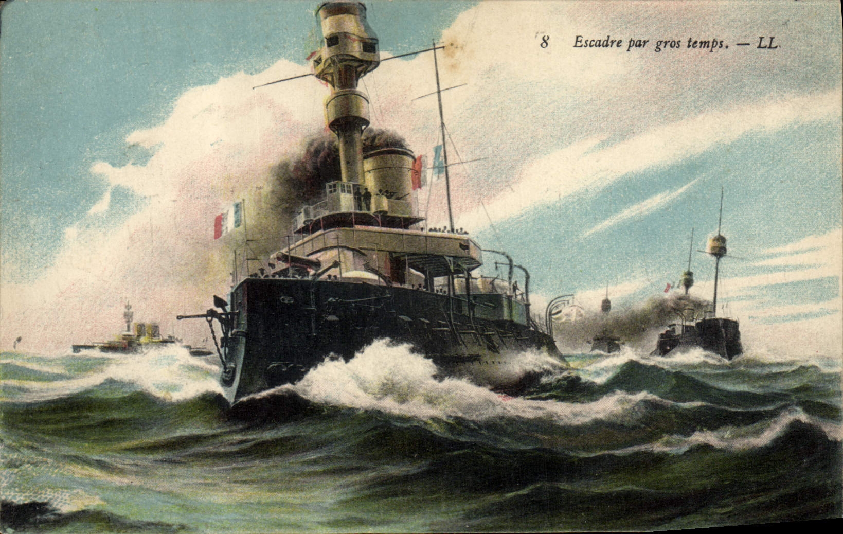 VINTAGE POSTCARD Boat War Squadron by heavy weather