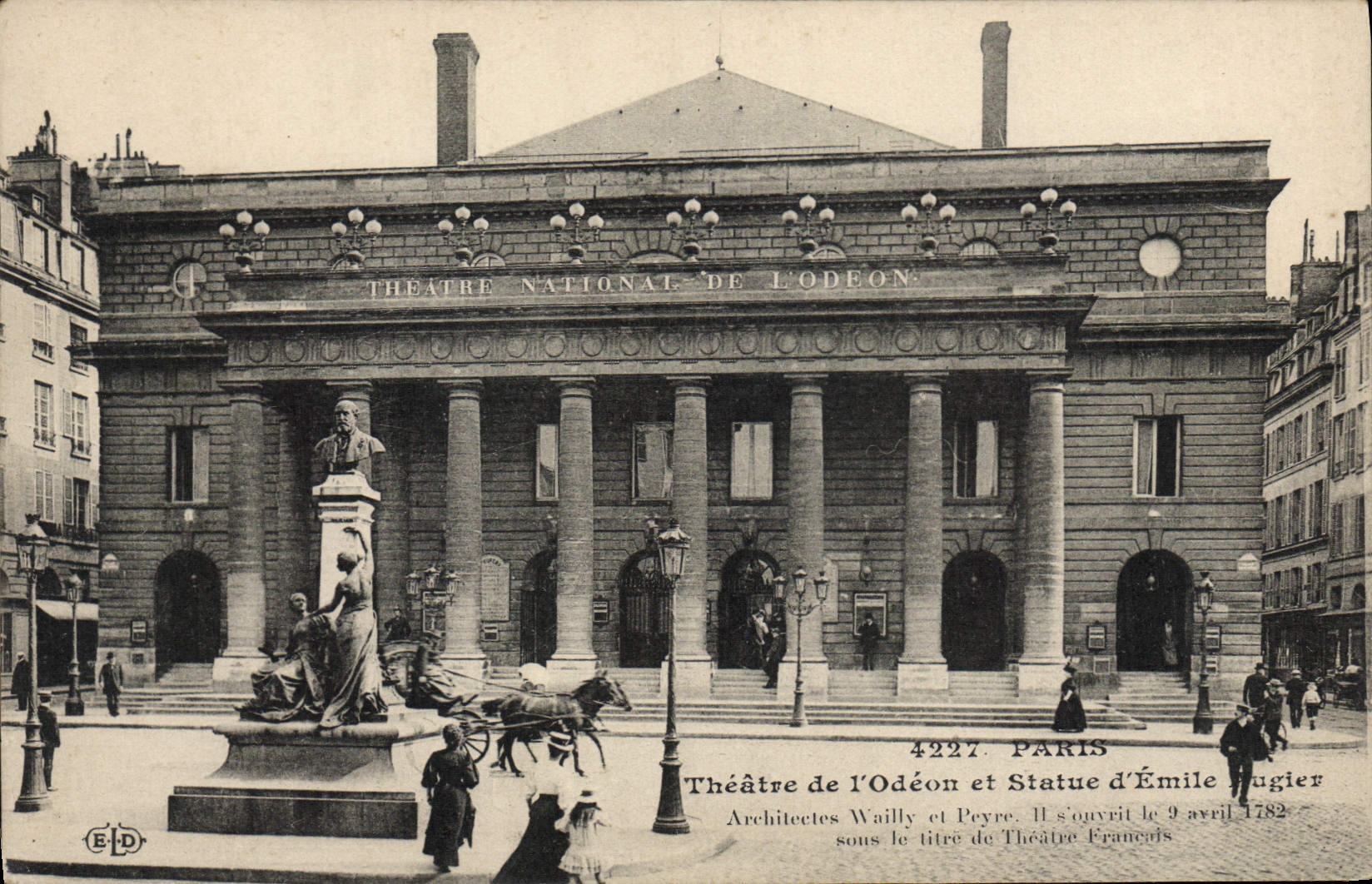 VINTAGE POSTCARD Paris Theater of Odeon and statue Emile Prugier