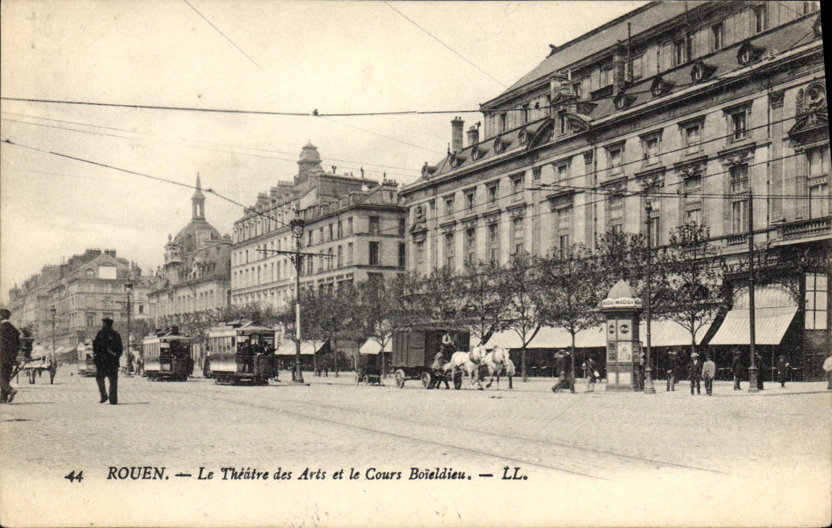 VINTAGE POSTCARD Rouen the Theater of Arts and the course Boieldieu Tram Horses