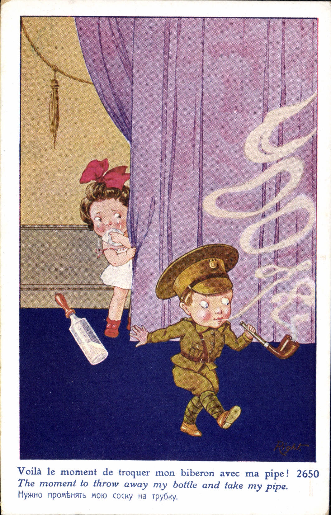 VINTAGE POSTCARD Fantasy Illustrator Children Militaria Pipe Tobacco