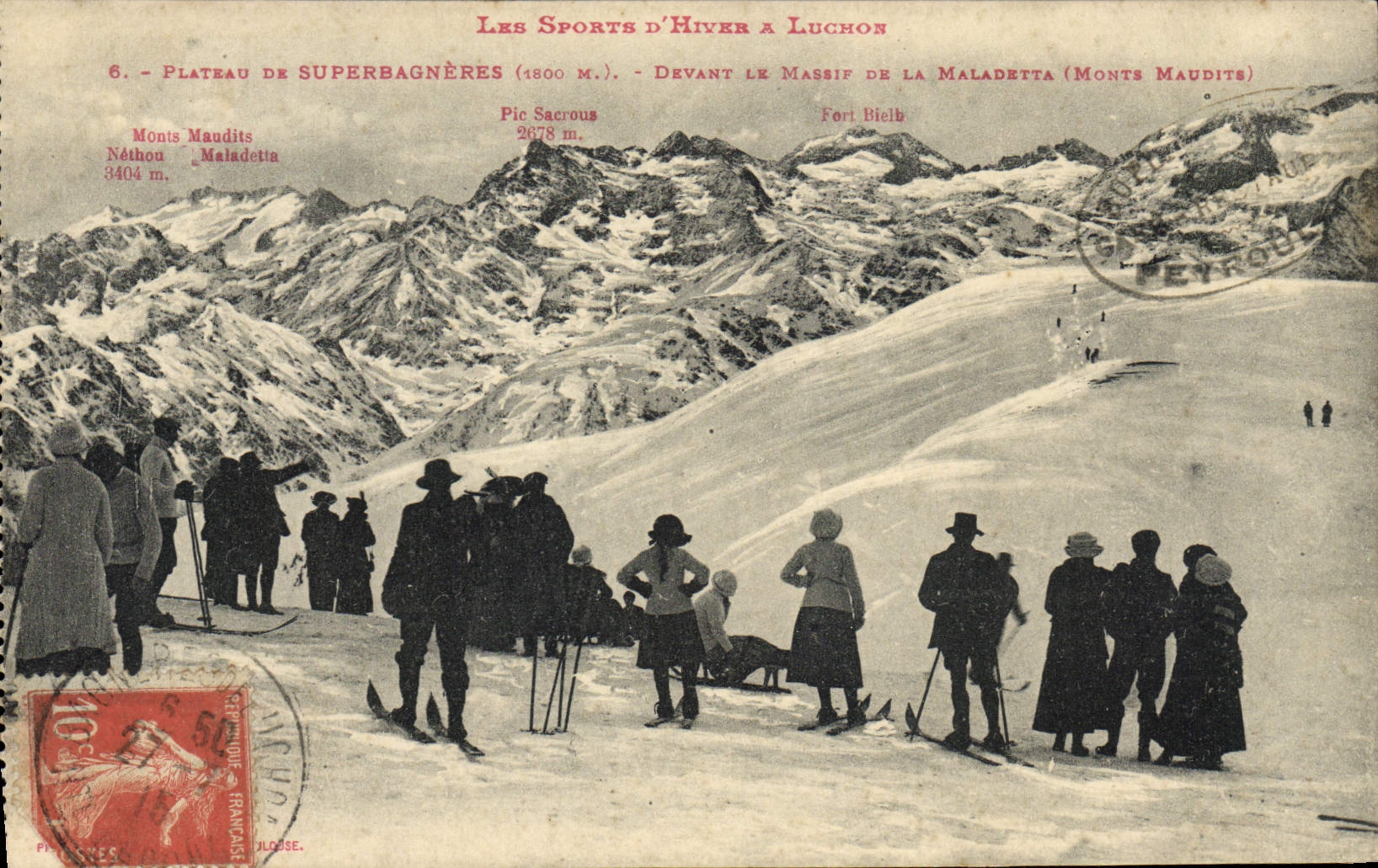 VINTAGE POSTCARD Winter sports Ski Luchon Plate of Superbagneres In front of the solid mass of Maladetta cursed Mounts