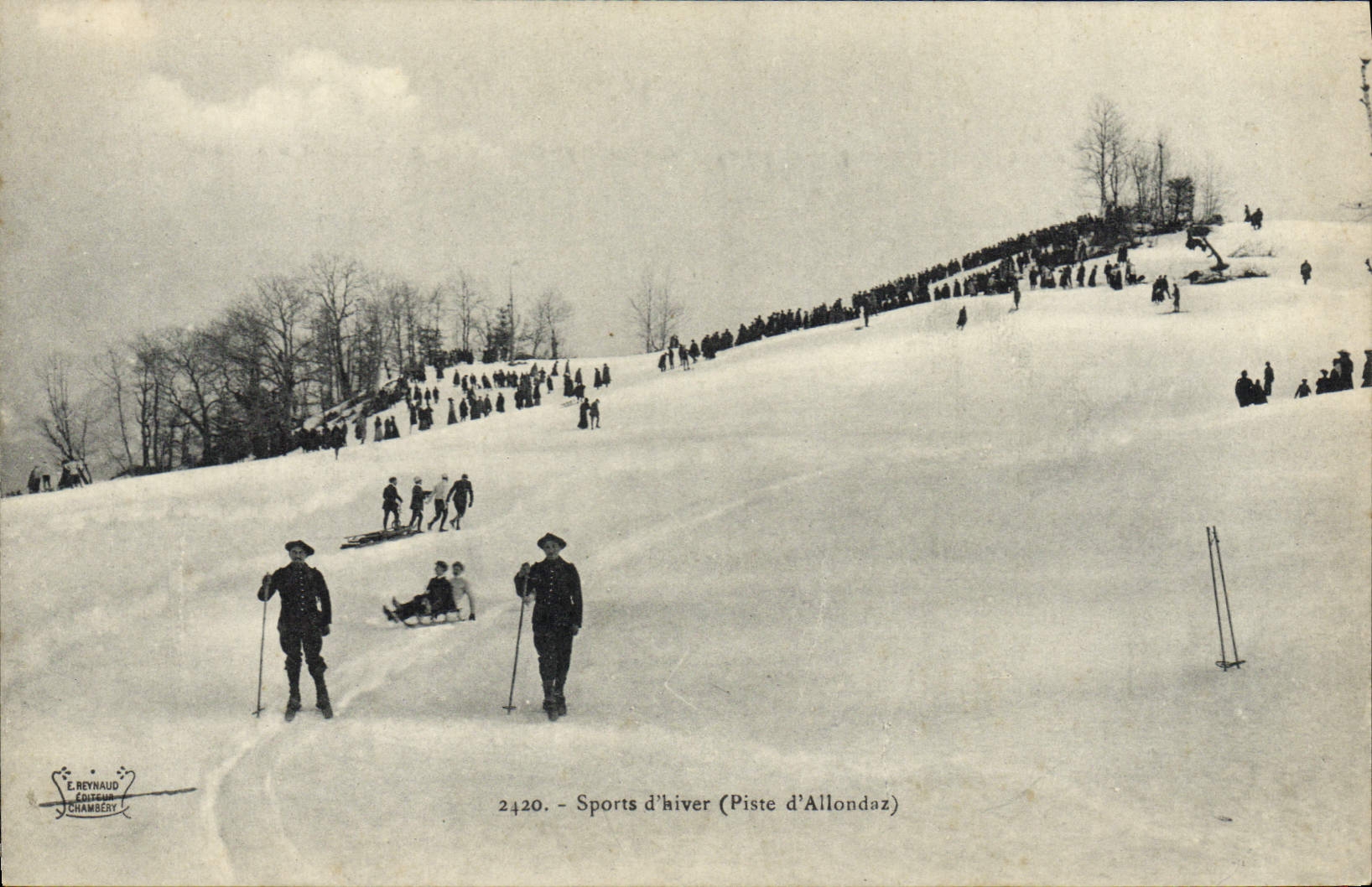 VINTAGE POSTCARD Winter sports Ski Tracks of Allondez Luge