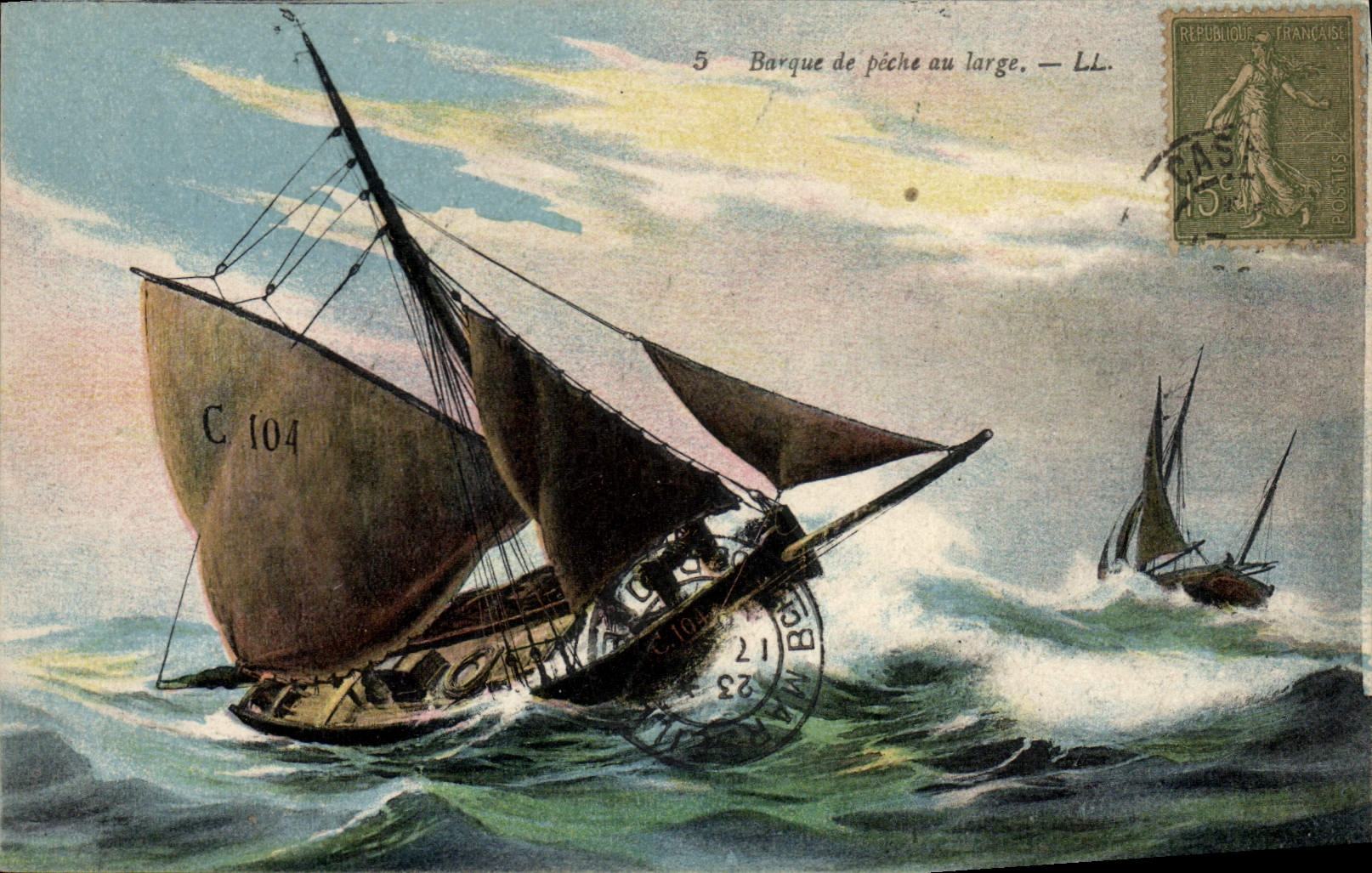 VINTAGE POSTCARD Sailing Boat Departure for the sin