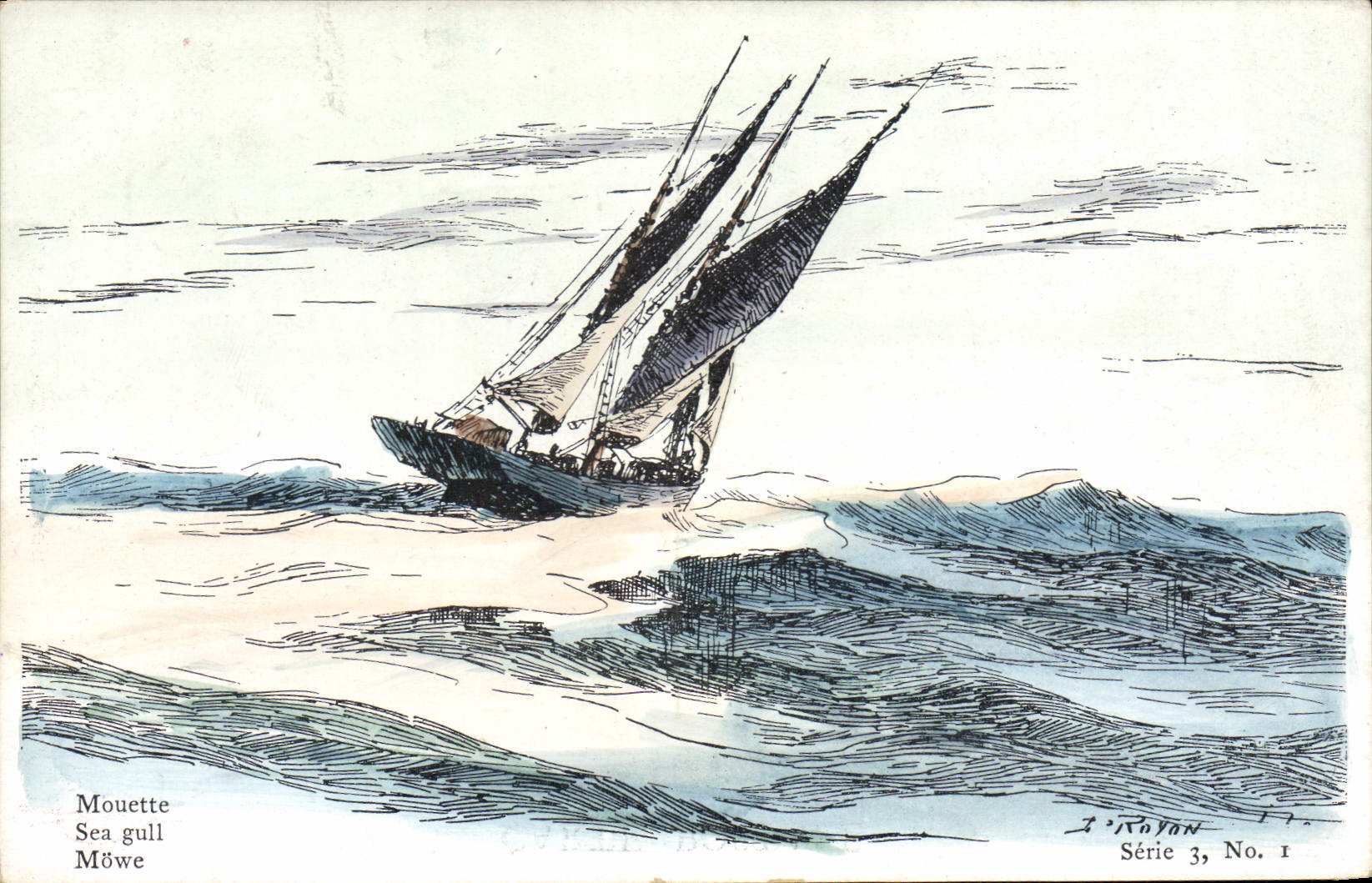 VINTAGE POSTCARD Sailing Boat Gull Jean Marion