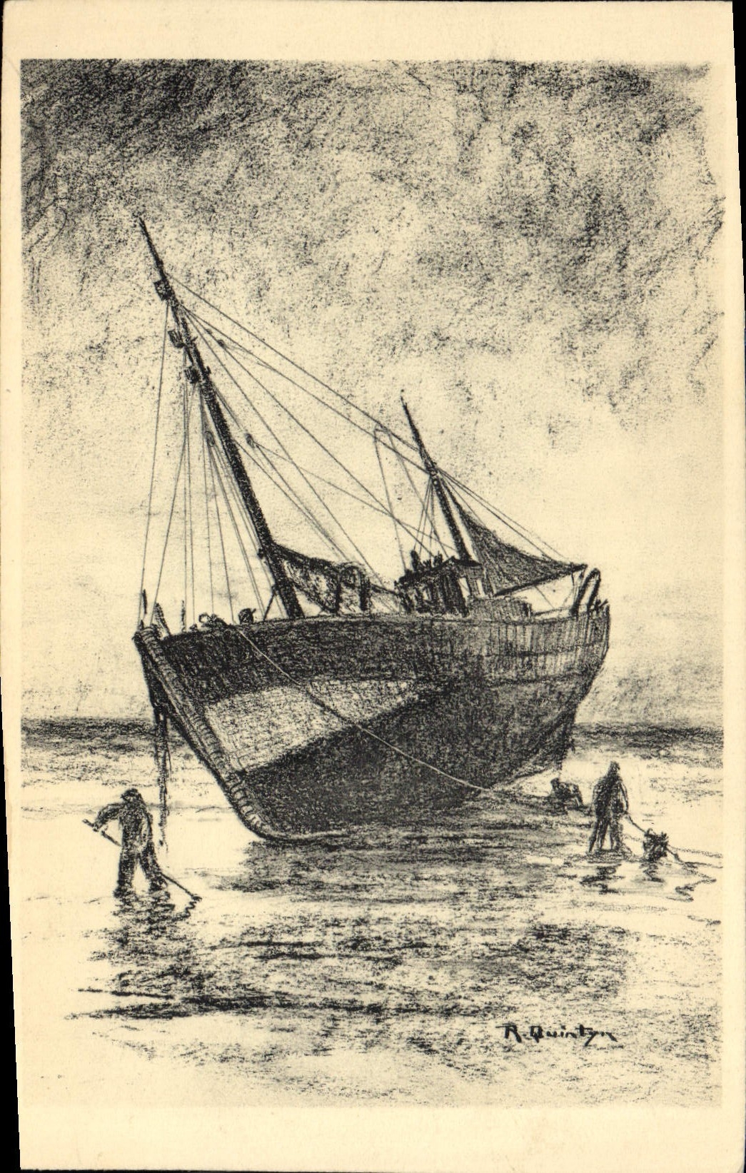 CPA Bateau Voilier Cote belge Chalutier sur la greve