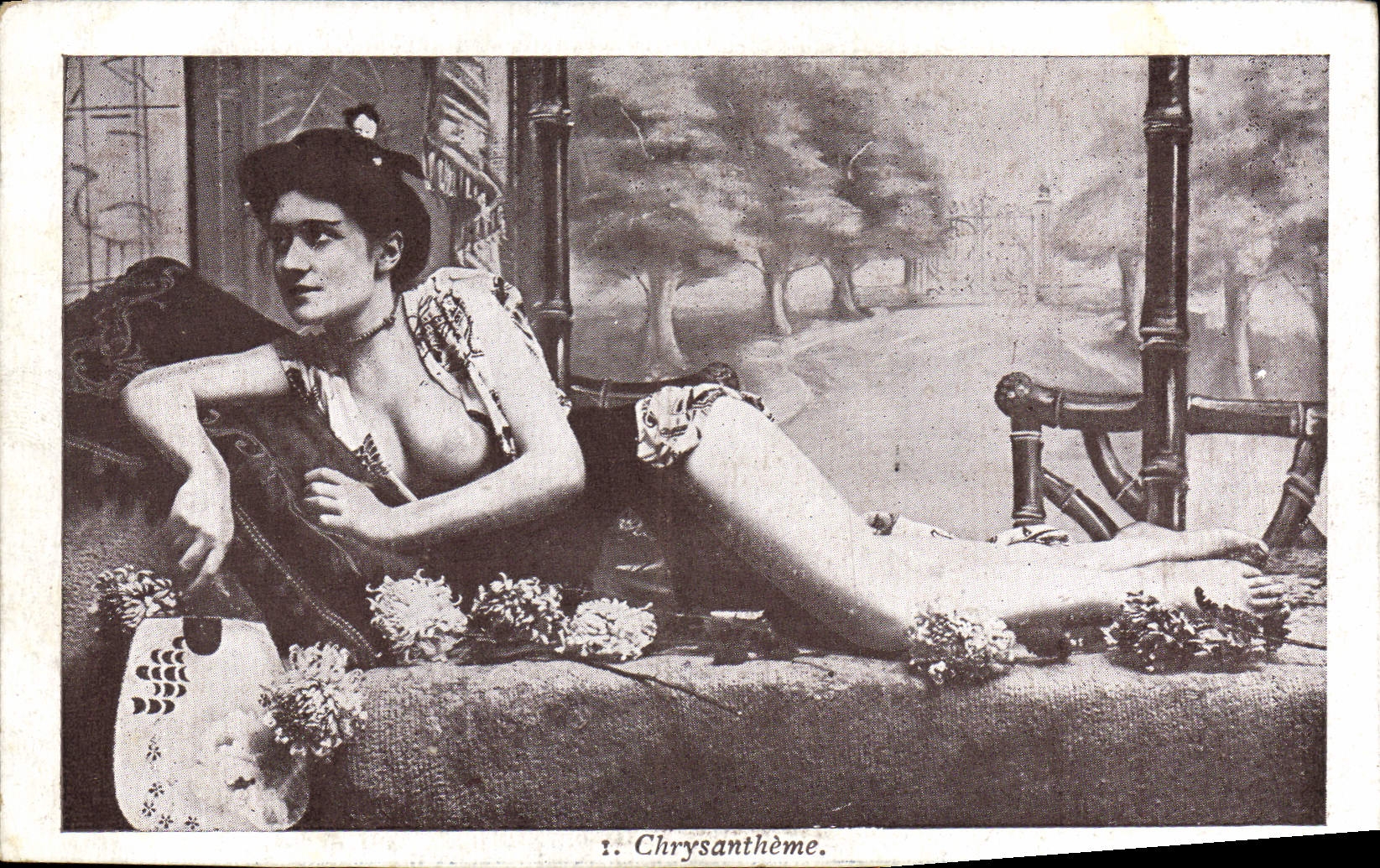 VINTAGE POSTCARD Naked erotic Woman Chrysanthemum