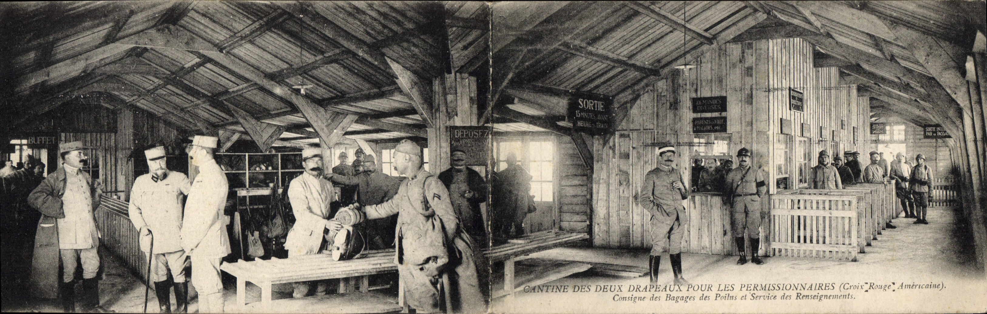 CARTED DOUBLE Militaria Cantine des deux drapeaux pour les permissionnaires Croix Rouge americaine Consigne des bagages