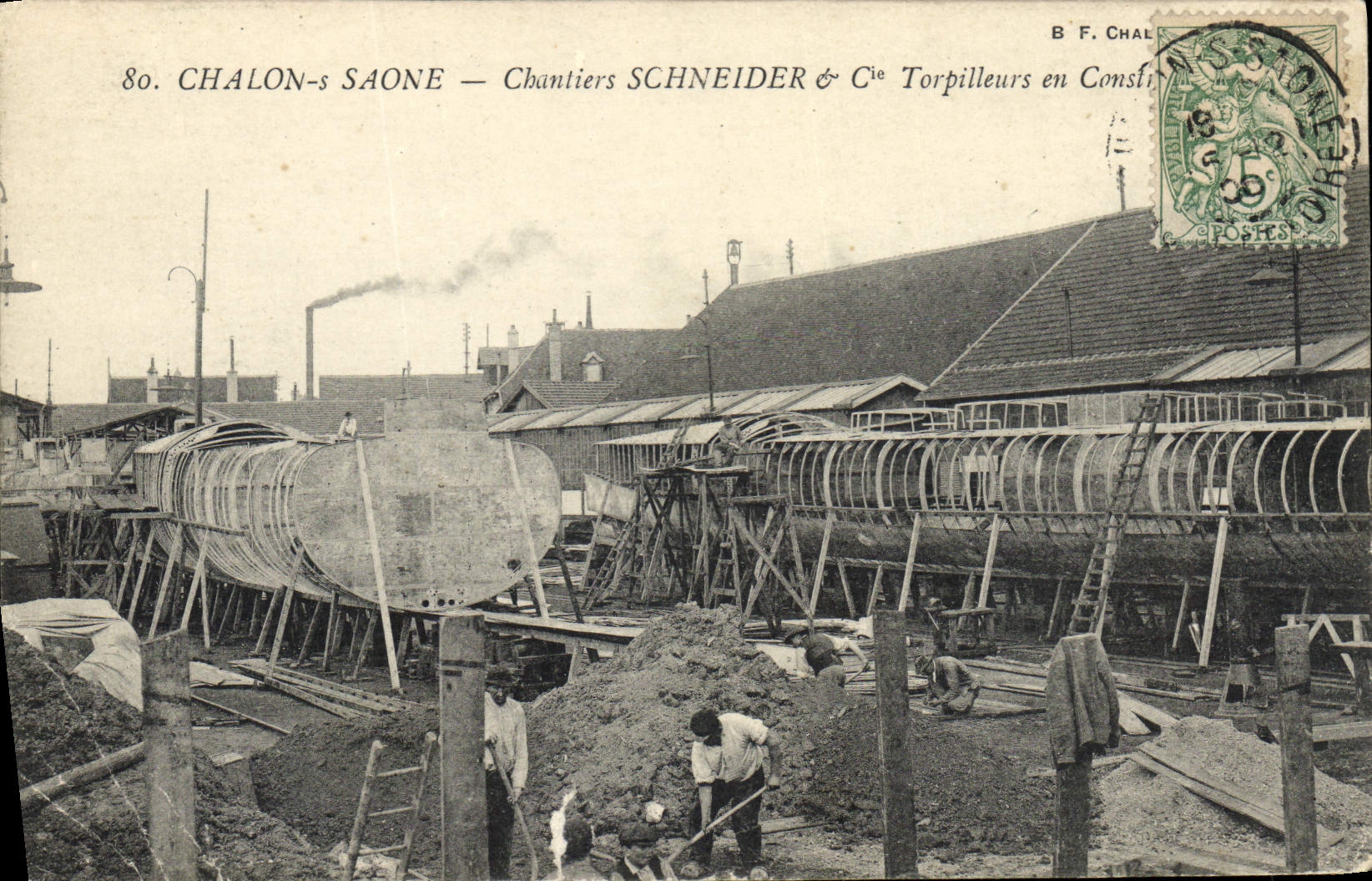 VINTAGE POSTCARD Boat War Trawl-net on the Saone Schneider Building sites & Co in construction