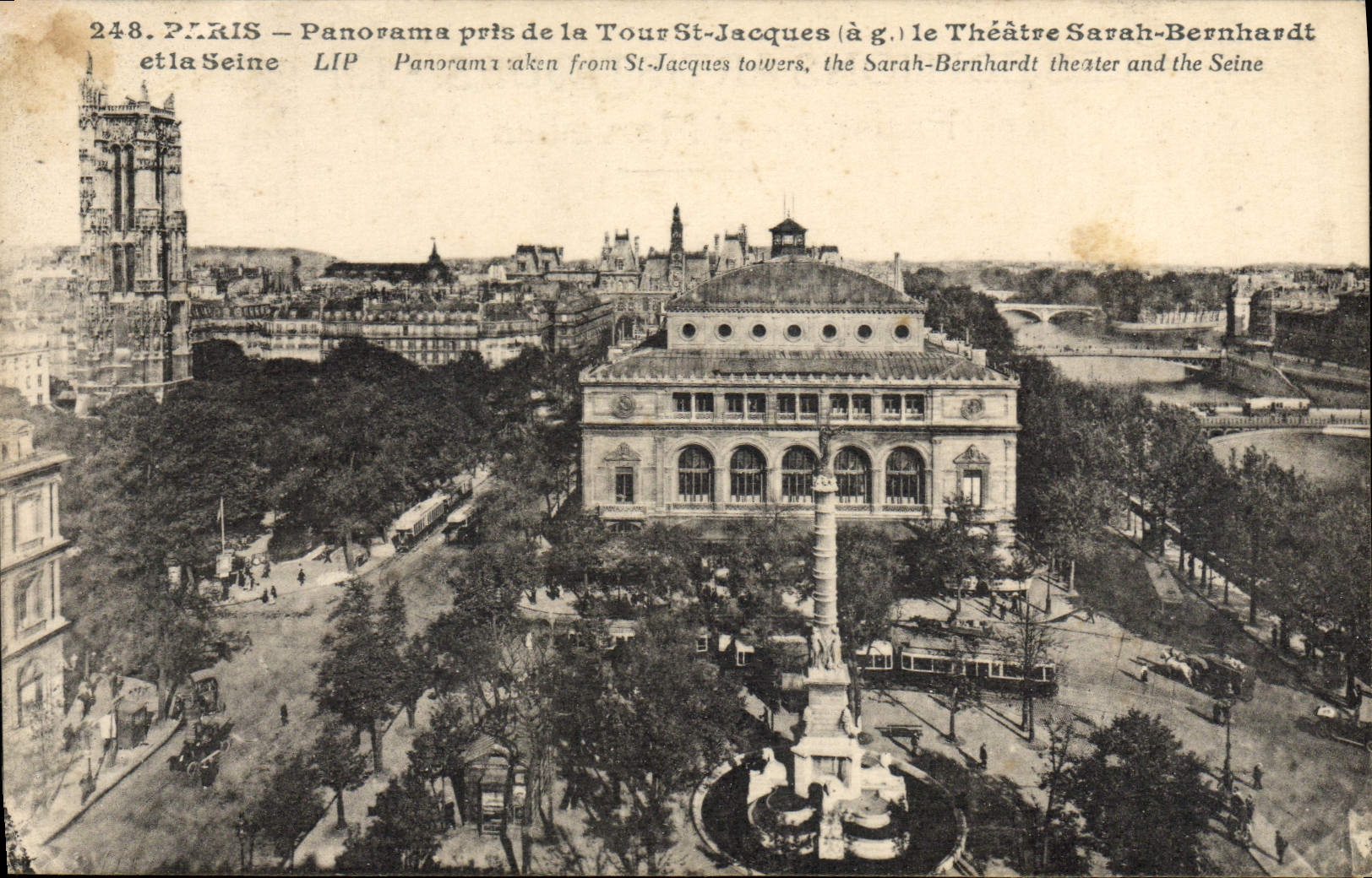 VINTAGE POSTCARD Paris Panorama taken of the Tower St Jacques and the Theater Sarah Bernhardt