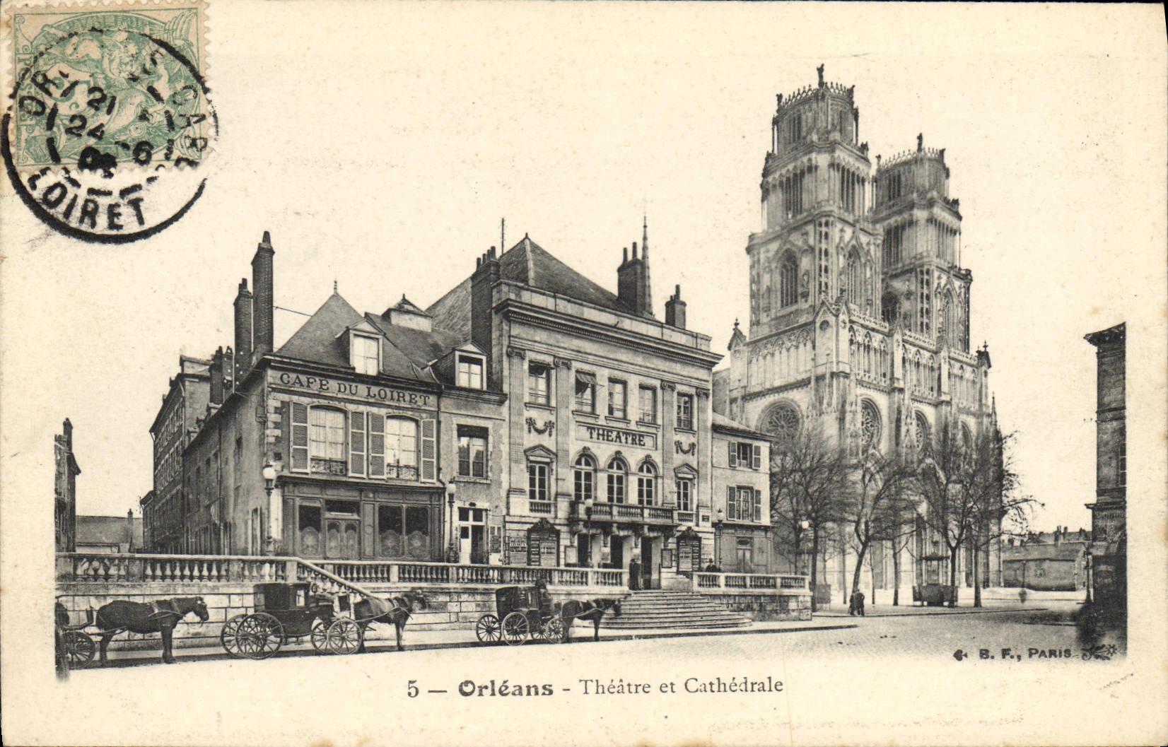 VINTAGE POSTCARD Theater and cathedral Coffee of Loiret Orleans