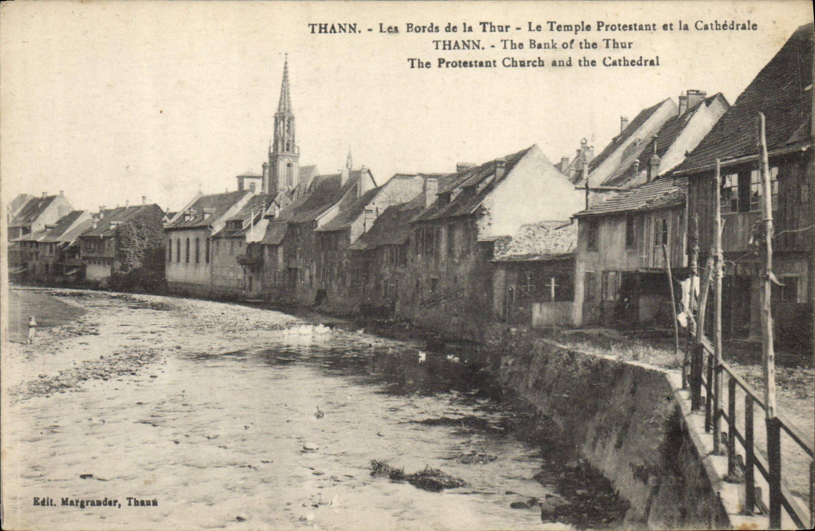 CPA Thann Les bords de la Thur Temple protestant et la cathedrale 