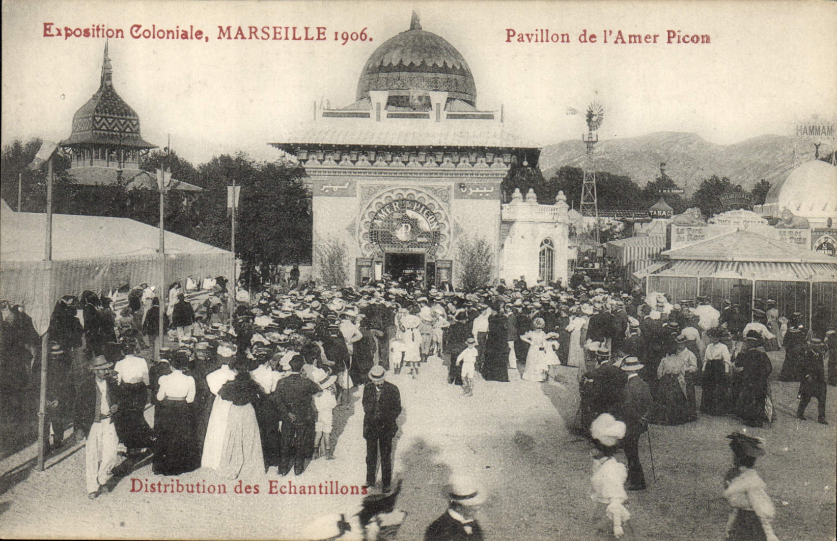 CPA Exposition coloniale Marseimme Biere Brasserie Pavillon de l'amer Picon Distribution des echantillons