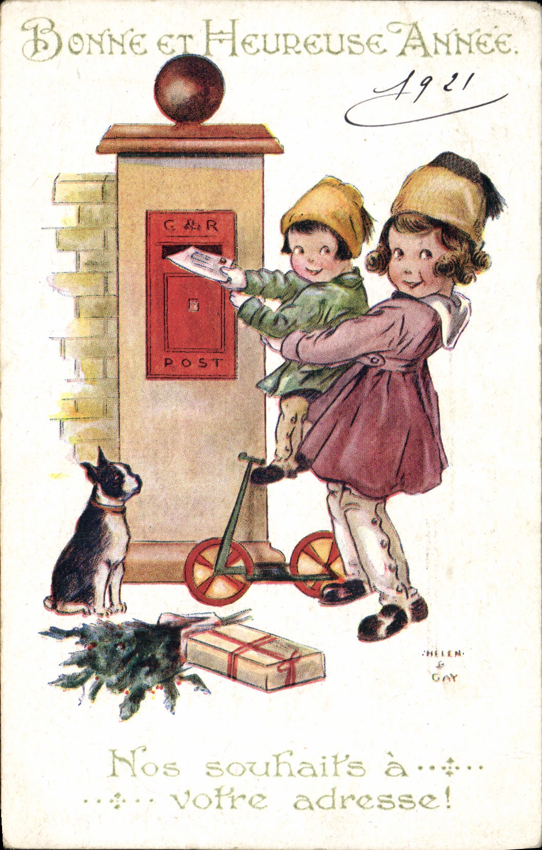VINTAGE POSTCARD Illustrator Children Letter-box Dog