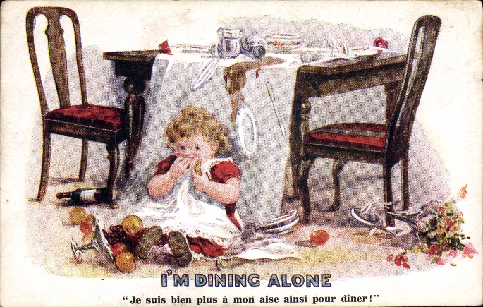 VINTAGE POSTCARD Illustrator Child I' m dining alone
