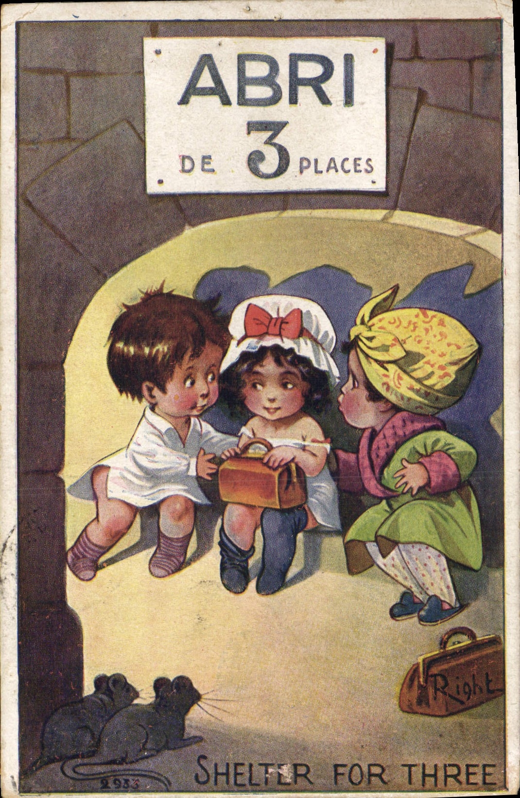 CPA Illustrateur Enfants Right Abri de 3 places