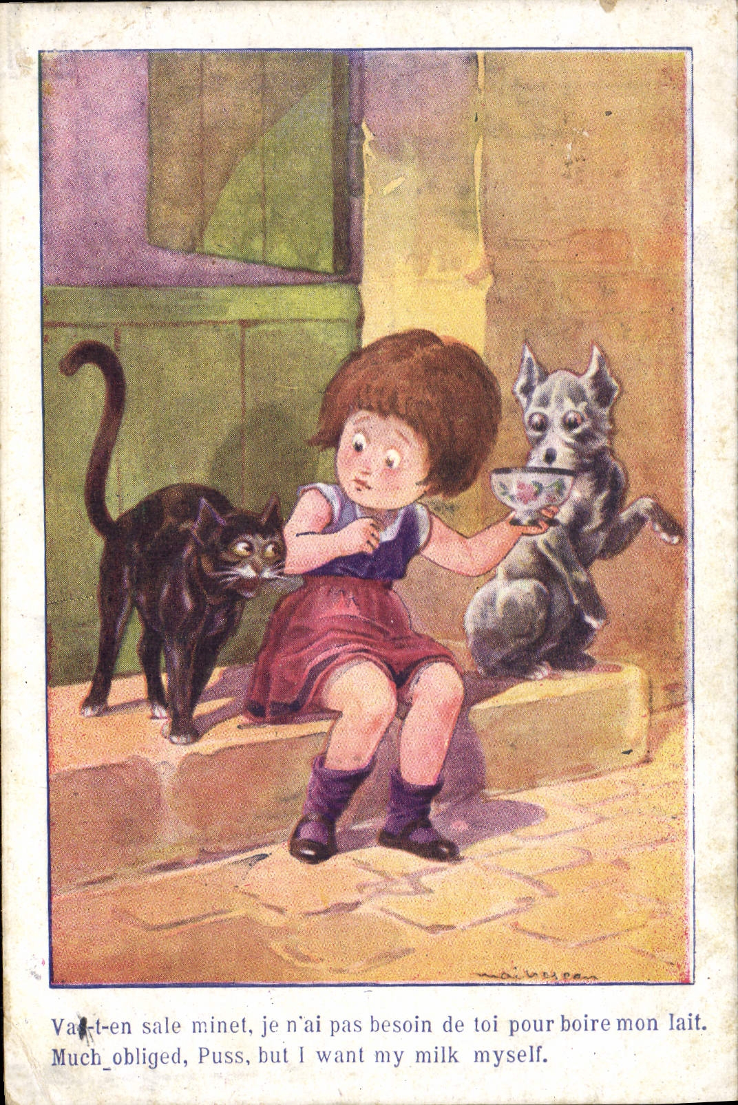 VINTAGE POSTCARD Illustrator Child Cats
