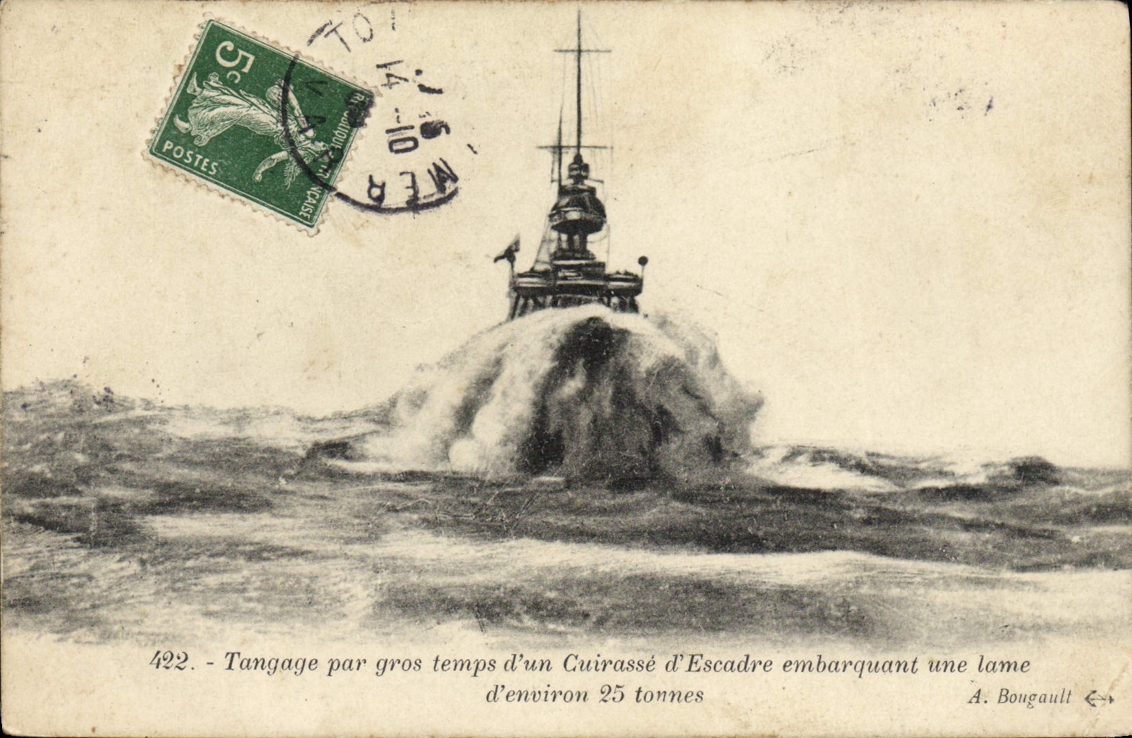 VINTAGE POSTCARD Boat War Pitching by heavy weather of an armor of squadron embarking a blade