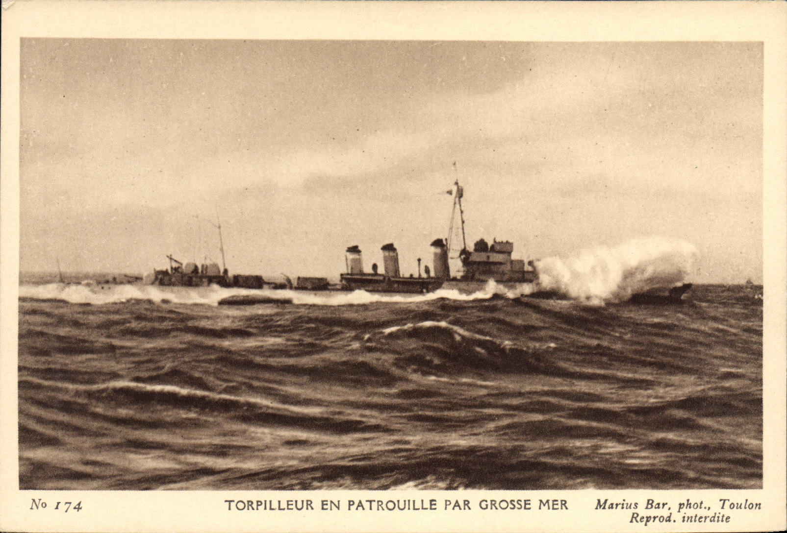 VINTAGE POSTCARD Bateau War Destroyer patrols some by heavy sea