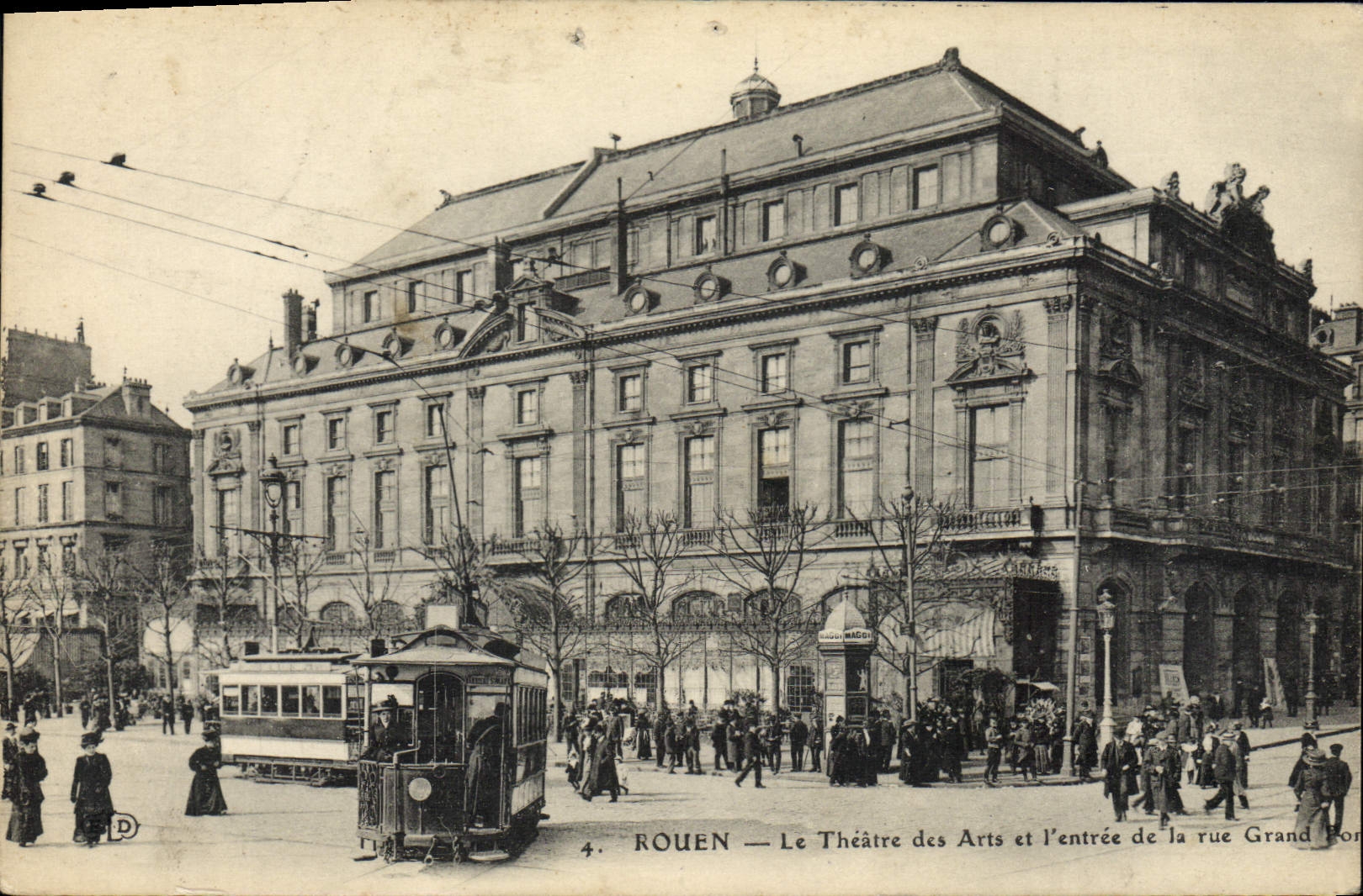 VINTAGE POSTCARD Rouen the Theater of Arts and the entry of the street Tram