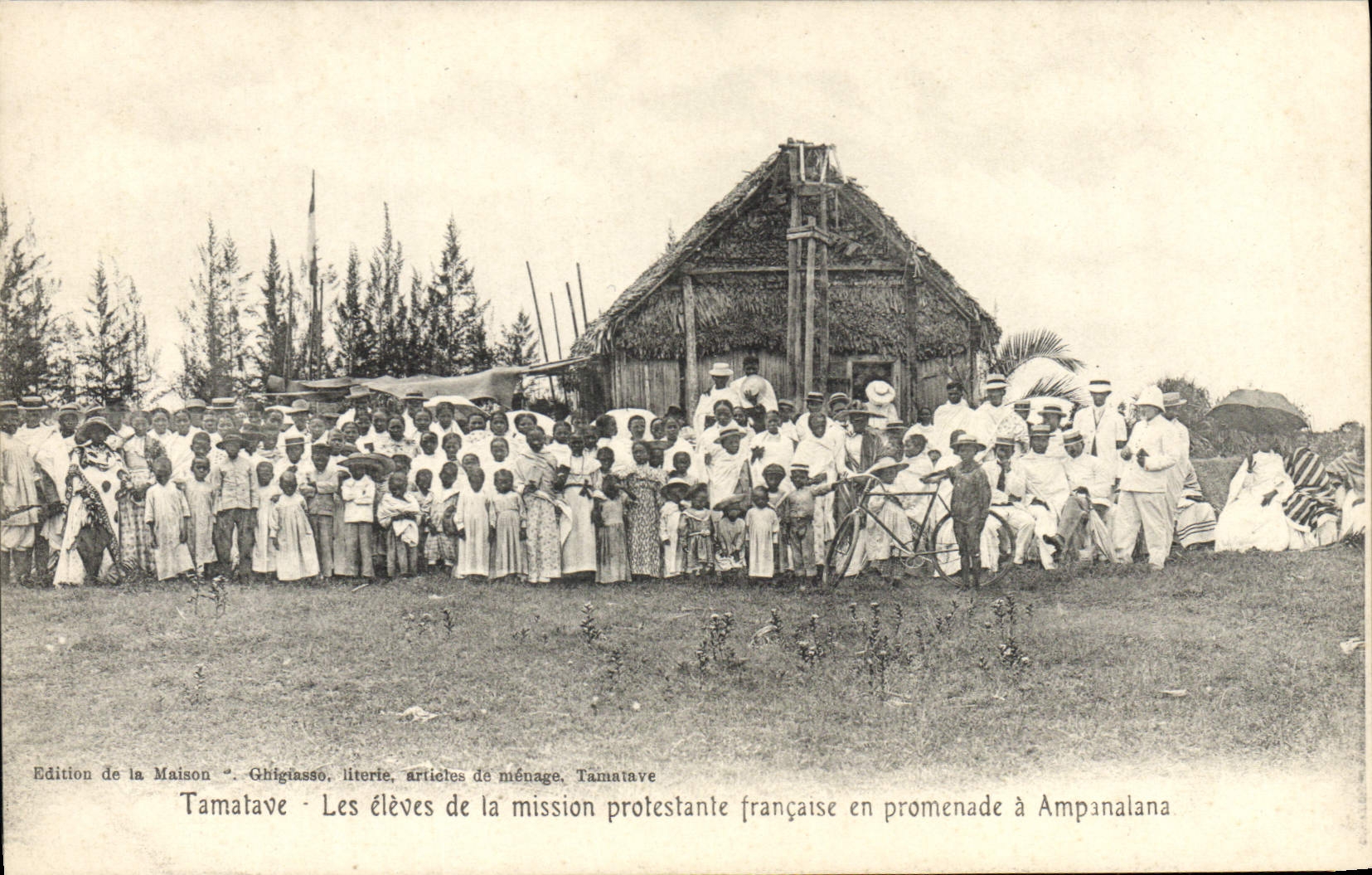 VINTAGE POSTCARD Madagascar Tamatave raised French Protestant mission in walk has Ampanalana
