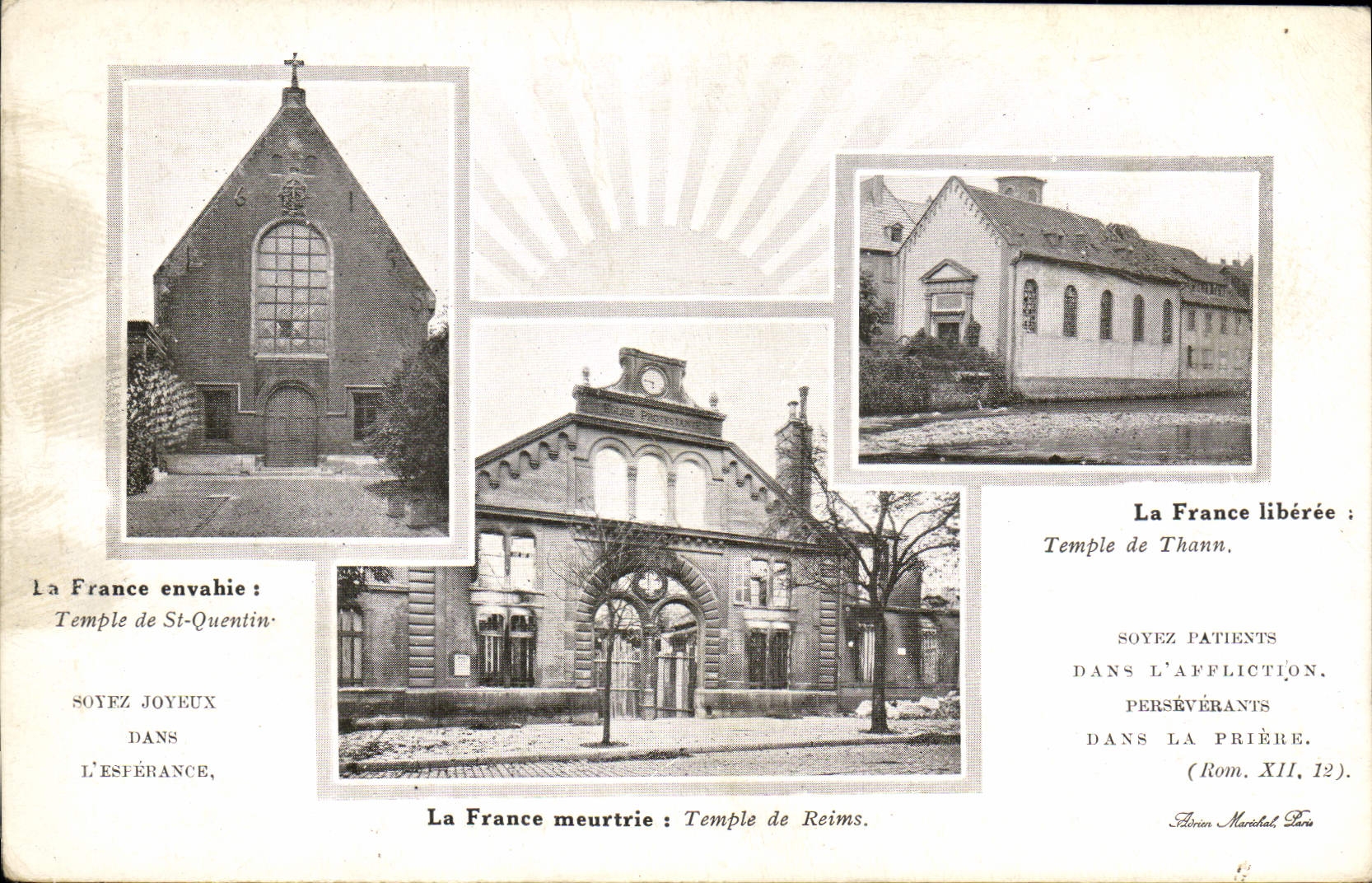 CPA Pour nos eglise envahies Temple de St Quentin Temple de Thann Reims