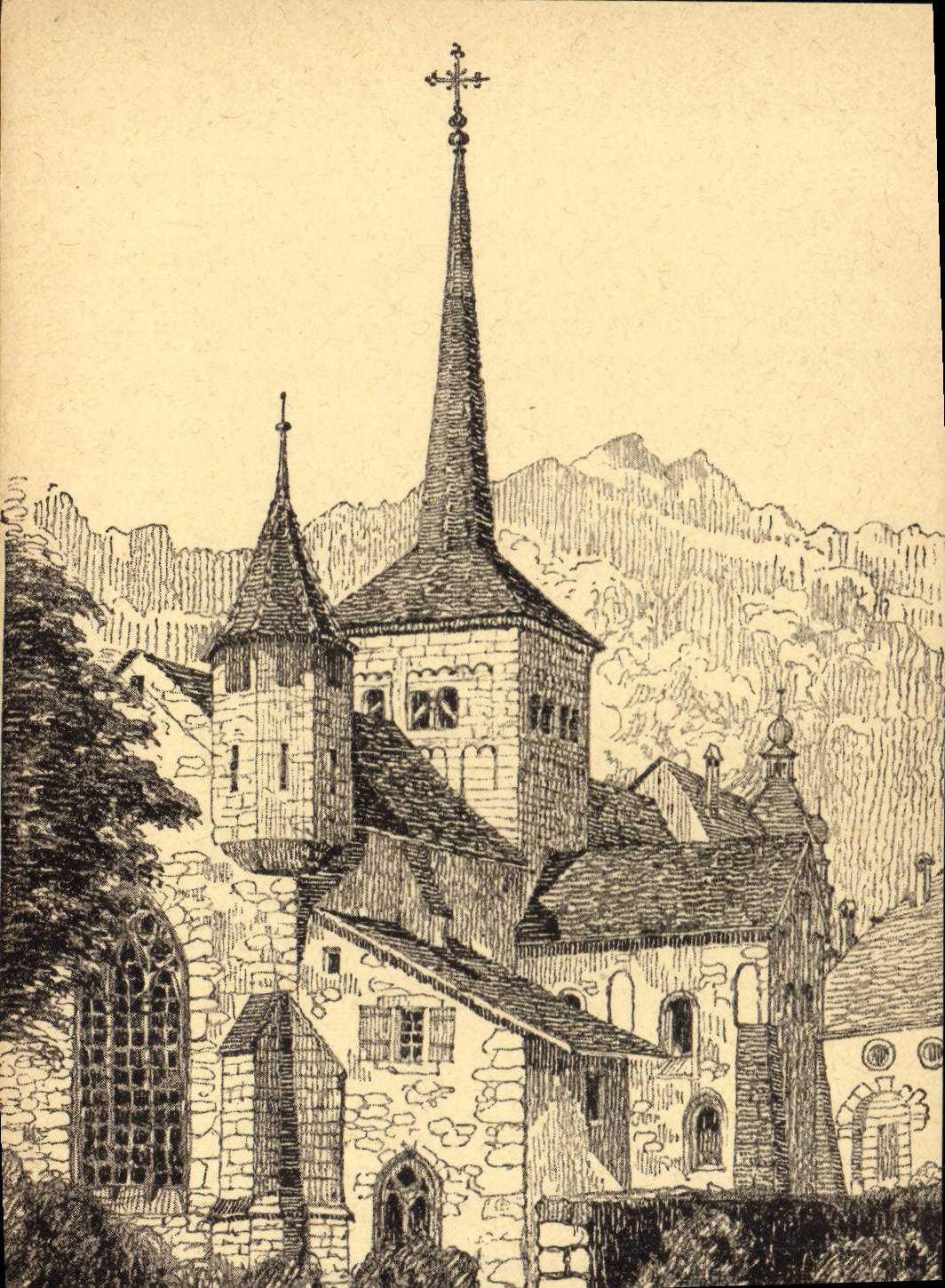 Templo de la POSTAL de la VENDIMIA de Romainmotier visto del este del norte