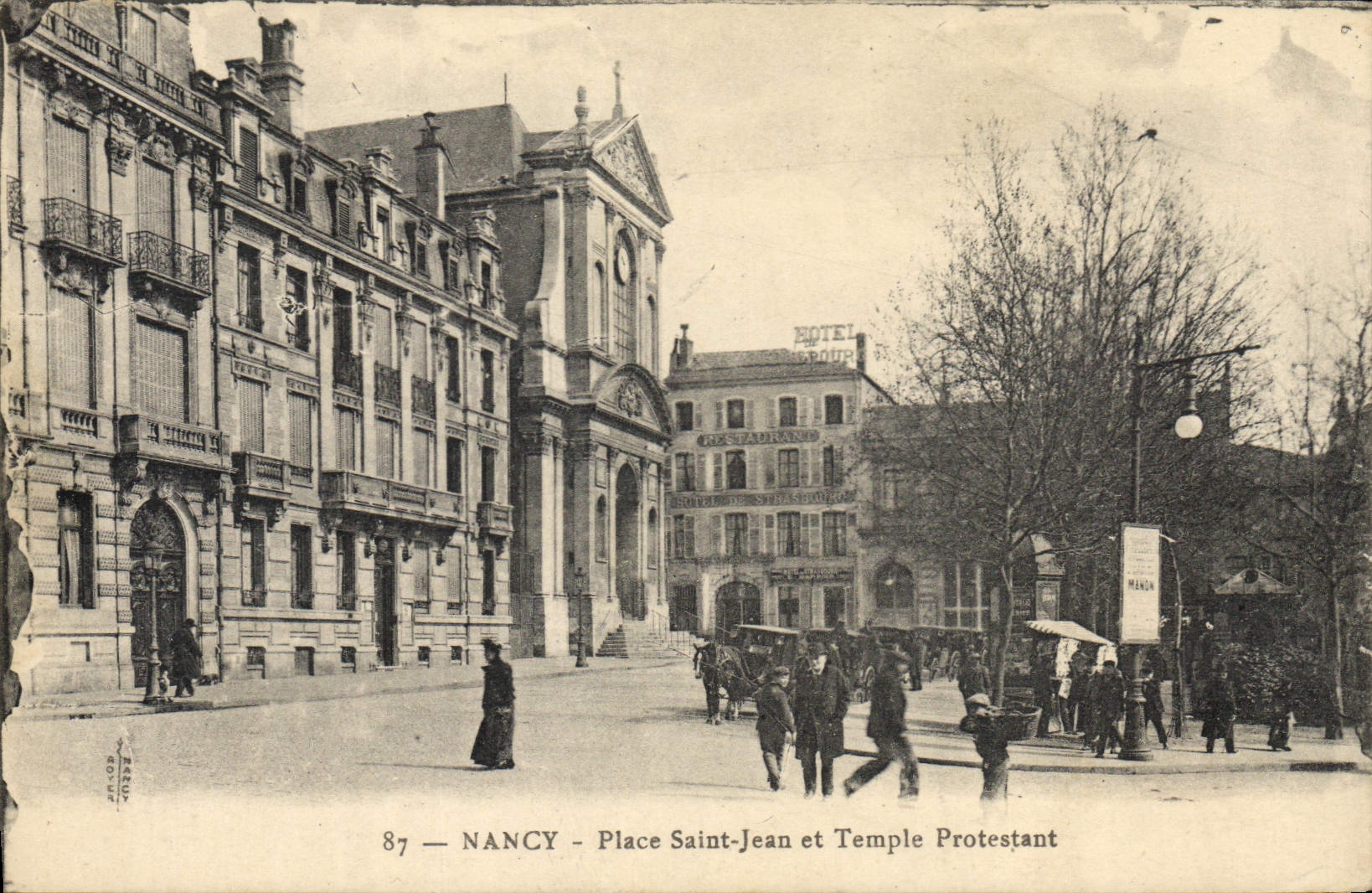 La POSTAL Nancy de la VENDIMIA coloca St Jean y templo protestante
