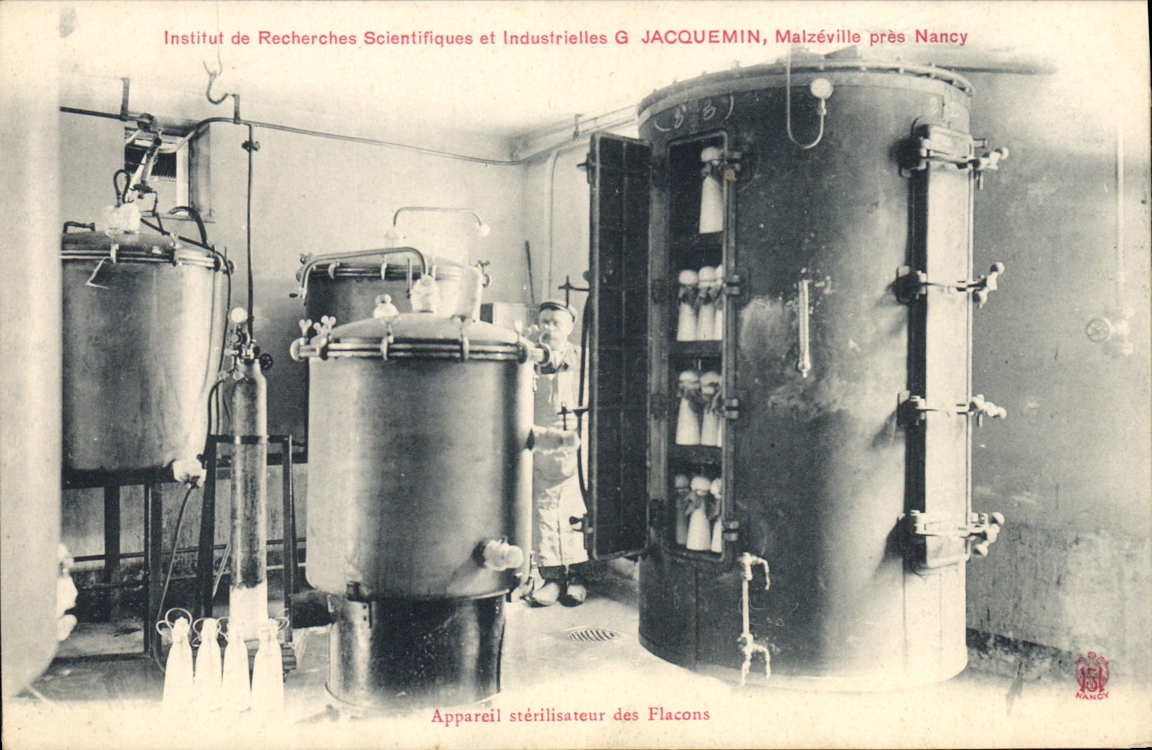 VINTAGE POSTCARD Apparatus sterilizer of the bottles Research institute scientists Jacquemin Malzeville close Nancy
